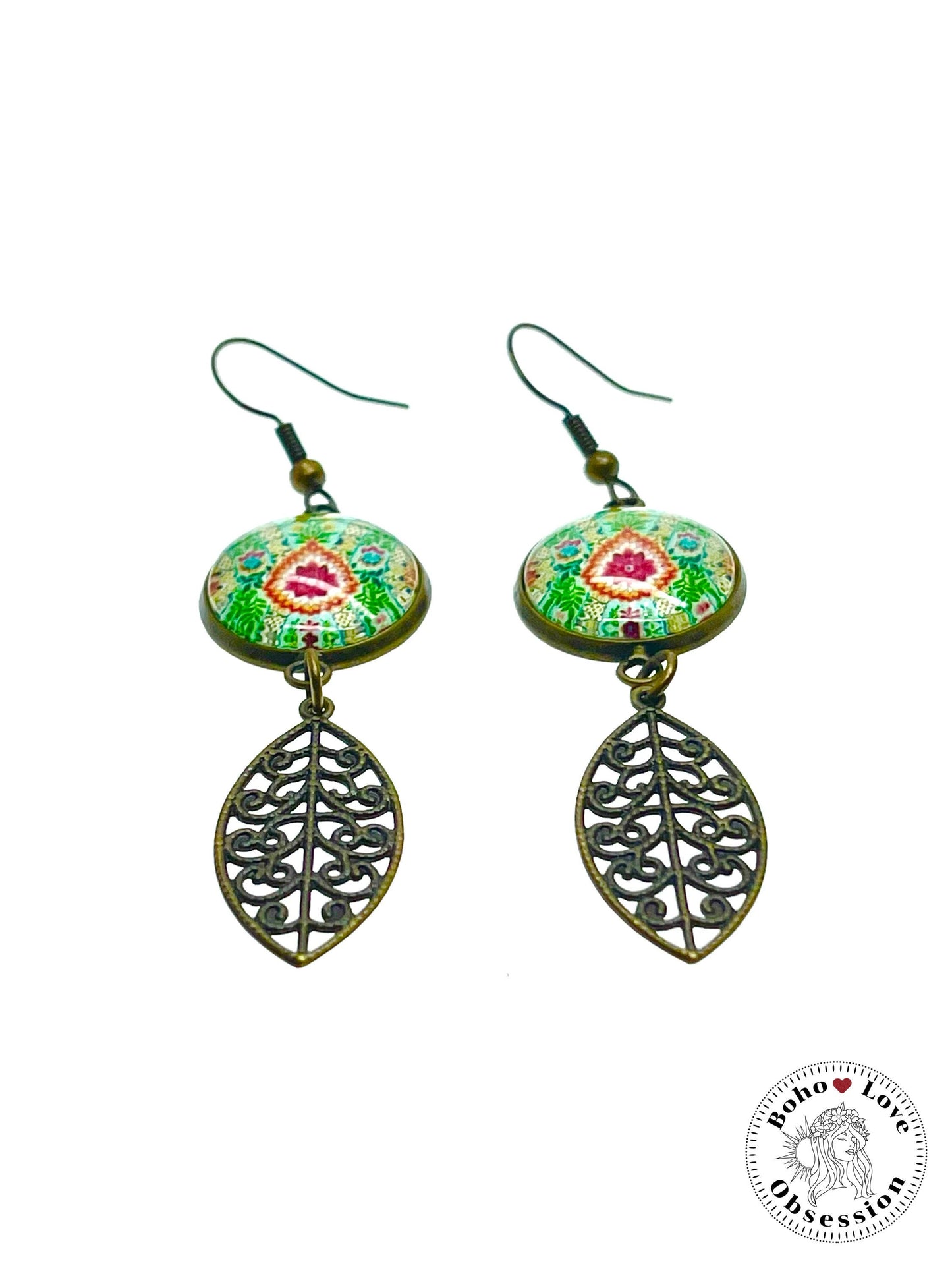 Pistachio Mandala Dangles, Unique Antique Bohemian Jewelry, Vintage Charm Ear Wire, Boho Hippie Drop Dangle Accessory, BohoLoveObsession