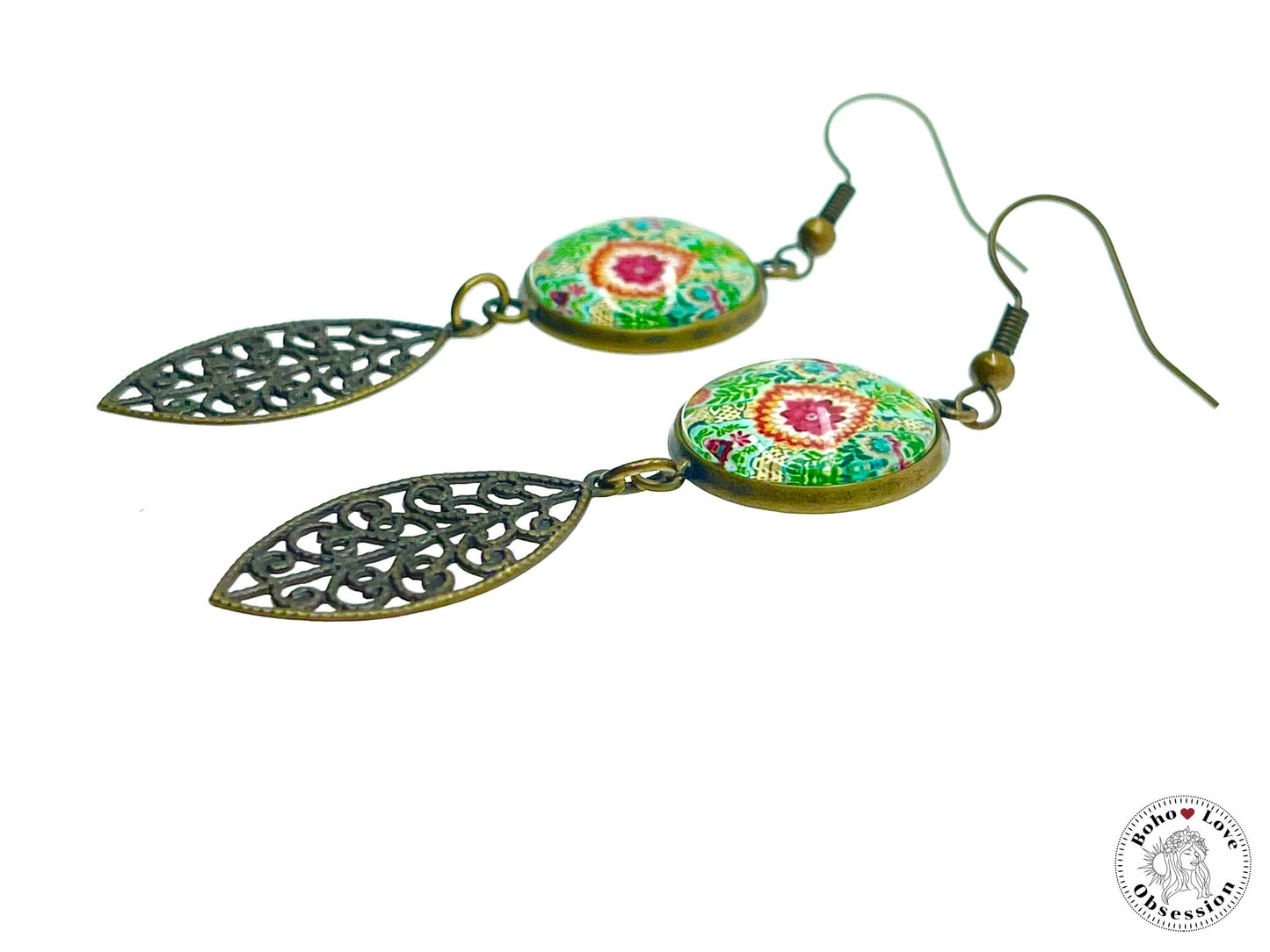 Pistachio Mandala Dangles, Unique Antique Bohemian Jewelry, Vintage Charm Ear Wire, Boho Hippie Drop Dangle Accessory, BohoLoveObsession