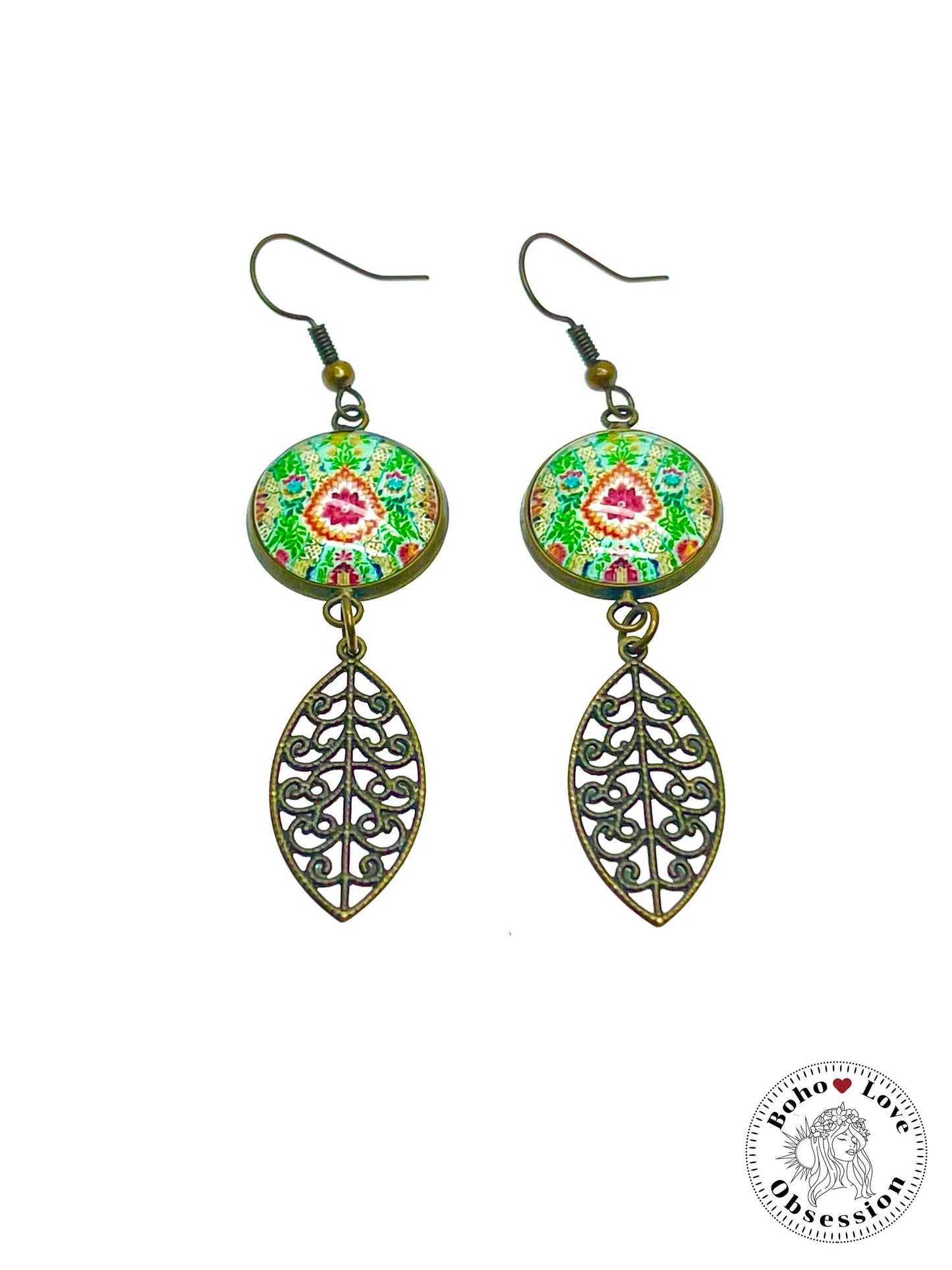 Pistachio Mandala Dangles, Unique Antique Bohemian Jewelry, Vintage Charm Ear Wire, Boho Hippie Drop Dangle Accessory, BohoLoveObsession