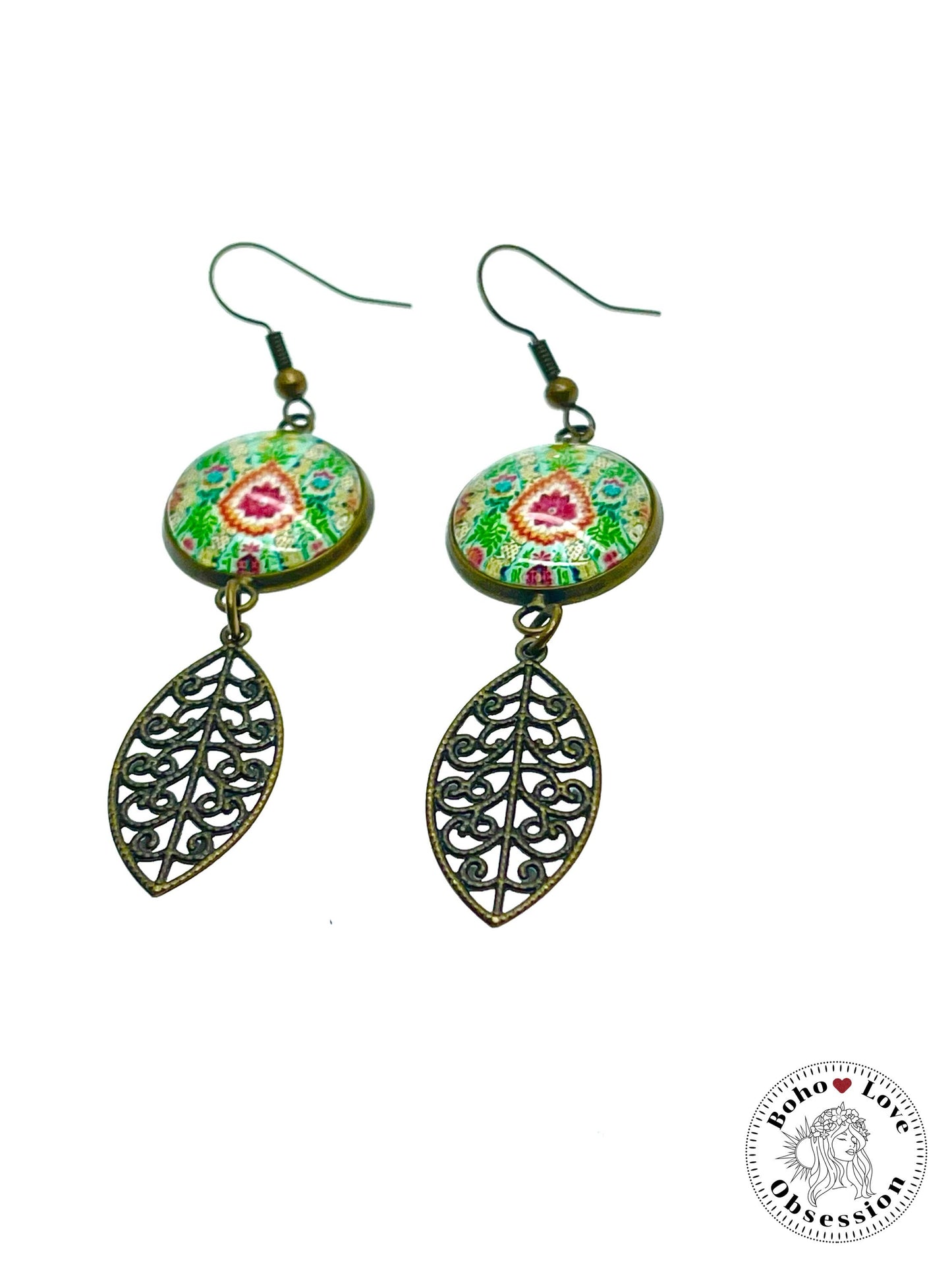 Pistachio Mandala Dangles, Unique Antique Bohemian Jewelry, Vintage Charm Ear Wire, Boho Hippie Drop Dangle Accessory, BohoLoveObsession