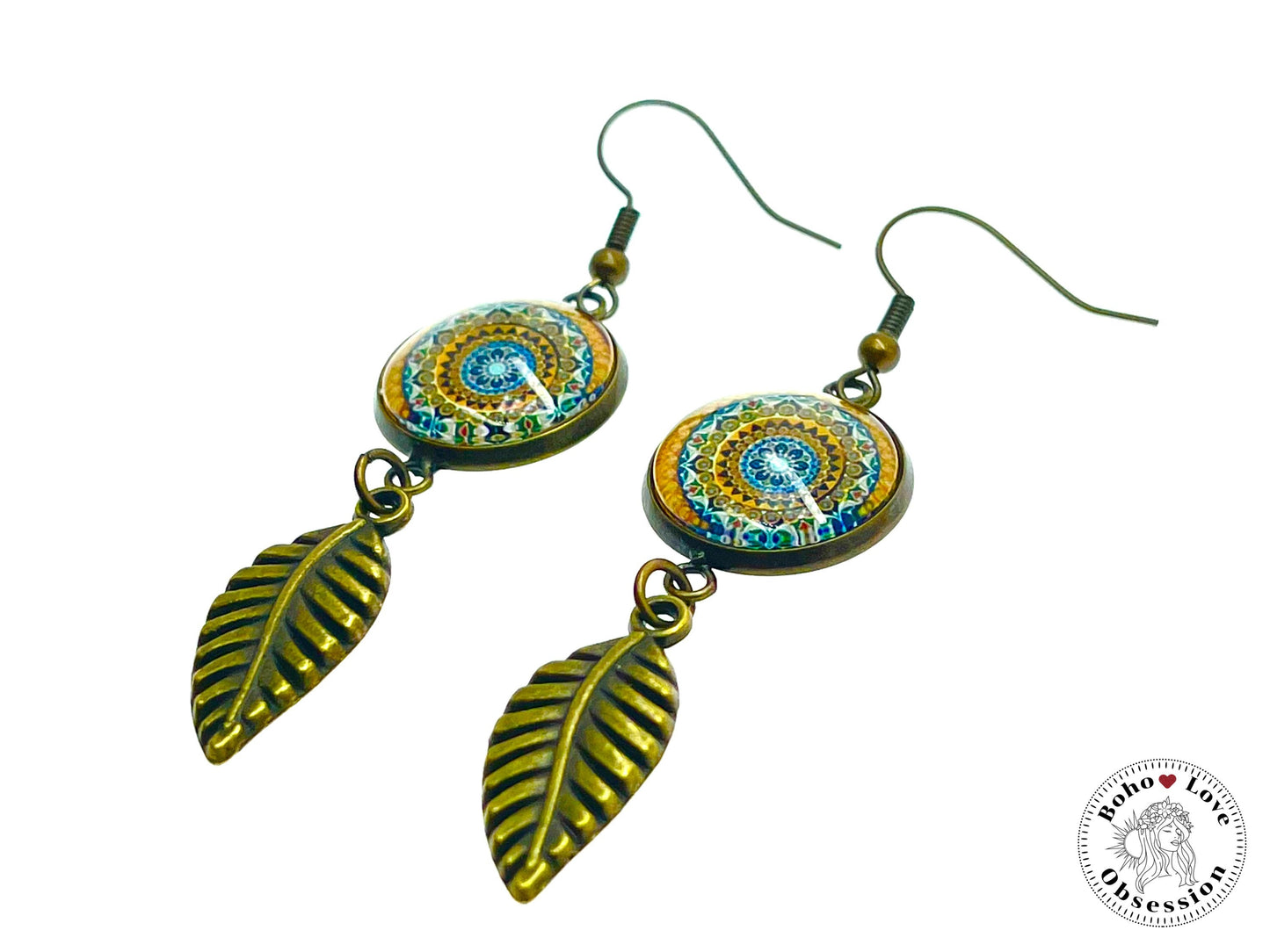Sunshine Mandala Feather Dangles, Unique Antique Bohemian Jewelry, Vintage Charm, Boho Hippie Drop Dangle Accessory, BohoLoveObsession