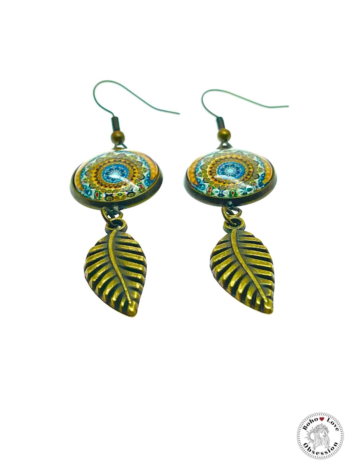 Sunshine Mandala Feather Dangles, Unique Antique Bohemian Jewelry, Vintage Charm, Boho Hippie Drop Dangle Accessory, BohoLoveObsession