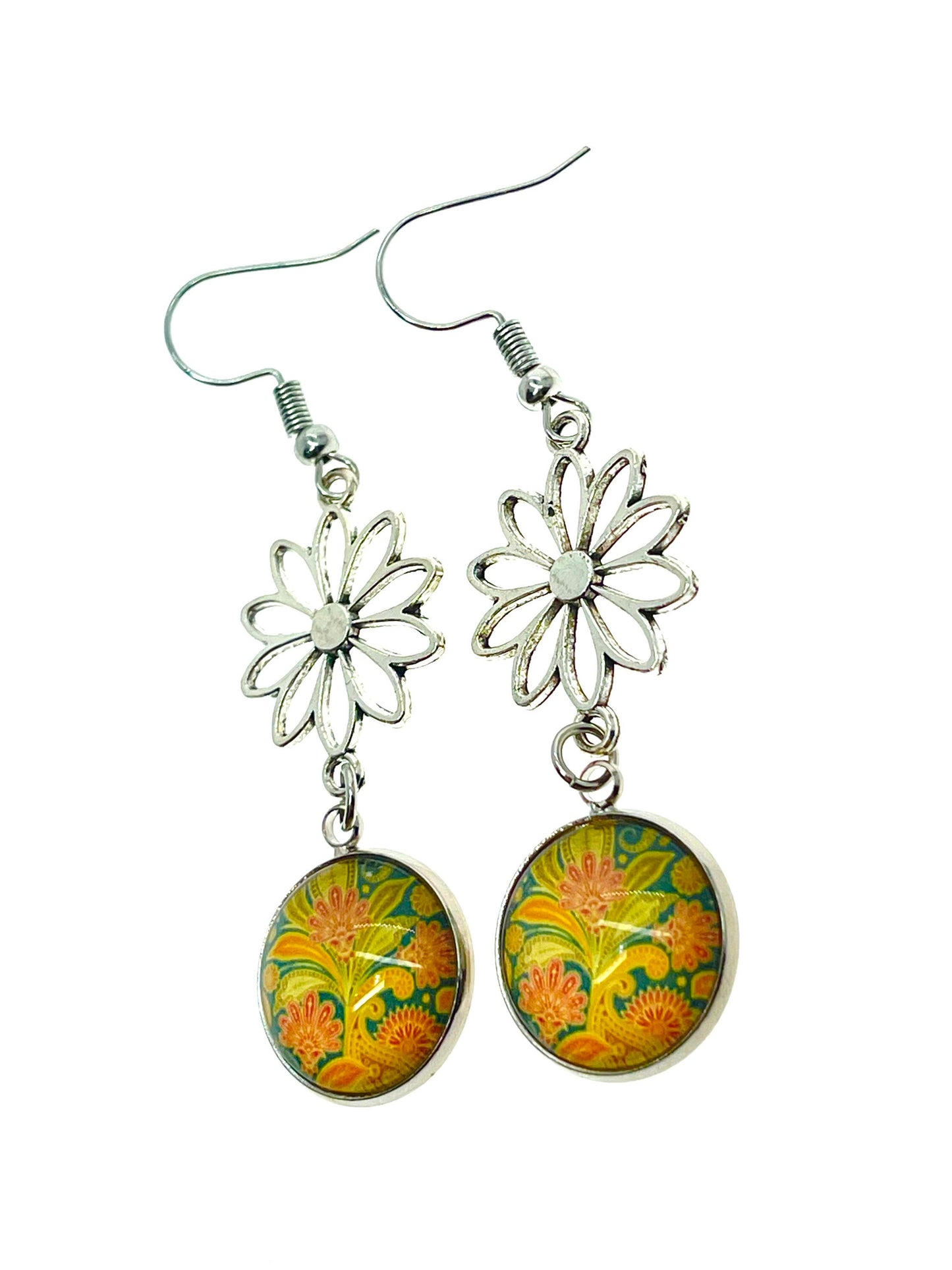 Pretty Paisley Daisy Flower Earrings, Unique Dangle Drop Accessory, Boho Flower Jewelry, Vintage Bohemian Gift, BohoLoveObsession