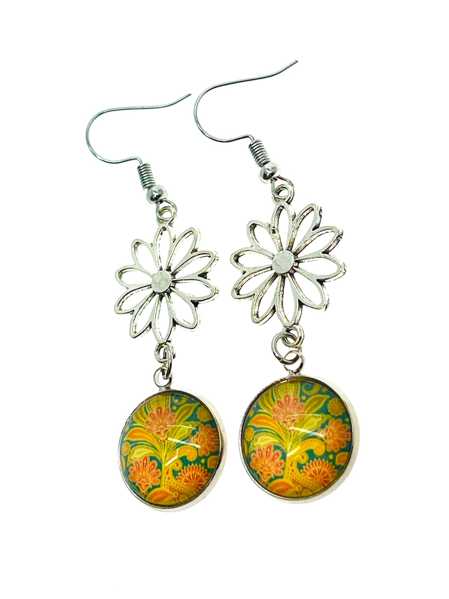 Pretty Paisley Daisy Flower Earrings, Unique Dangle Drop Accessory, Boho Flower Jewelry, Vintage Bohemian Gift, BohoLoveObsession