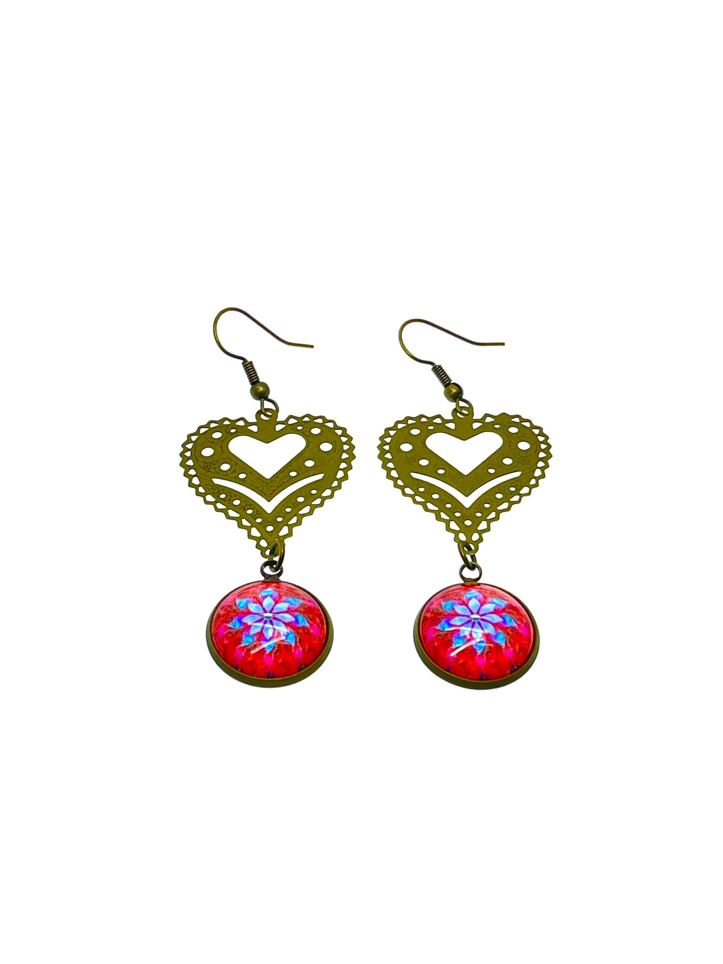 Cherry Red Fancy Heart Dangles, Bronze Bohemian Earrings, Boho Chic, Unique Hippie Jewelry, Vintage Charm Earring, BohoLoveObsession