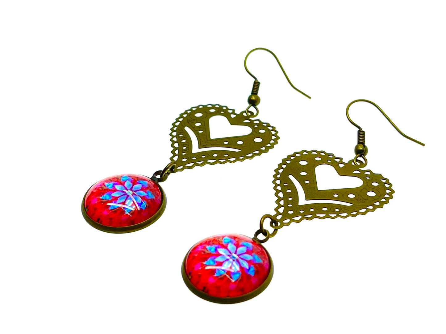 Cherry Red Fancy Heart Dangles, Bronze Bohemian Earrings, Boho Chic, Unique Hippie Jewelry, Vintage Charm Earring, BohoLoveObsession