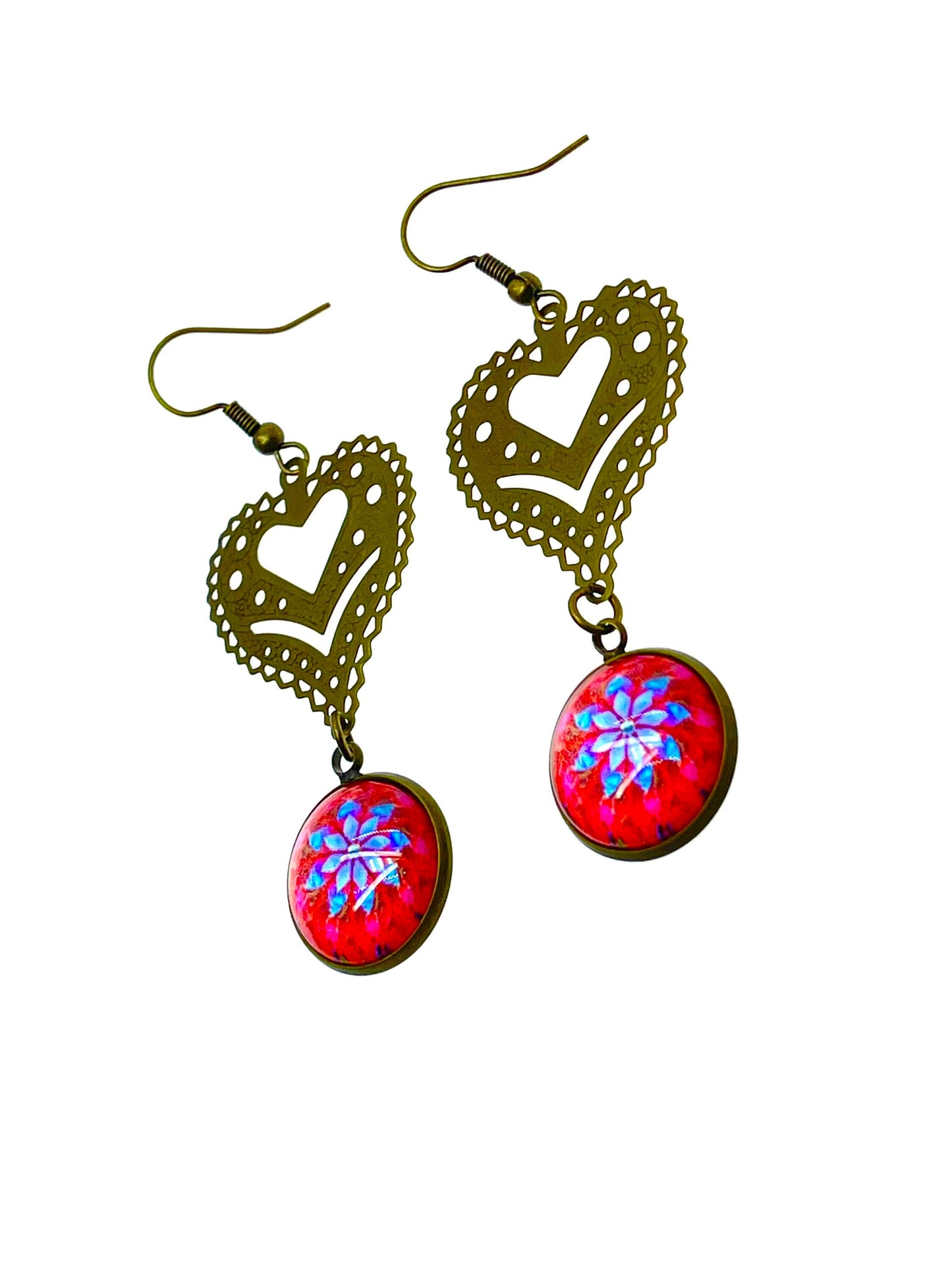 Cherry Red Fancy Heart Dangles, Bronze Bohemian Earrings, Boho Chic, Unique Hippie Jewelry, Vintage Charm Earring, BohoLoveObsession