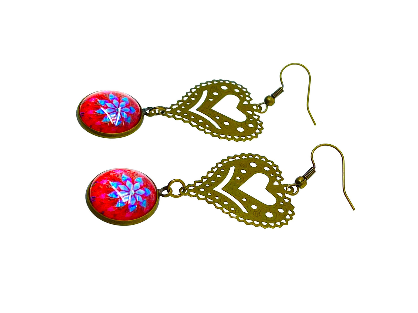 Cherry Red Fancy Heart Dangles, Bronze Bohemian Earrings, Boho Chic, Unique Hippie Jewelry, Vintage Charm Earring, BohoLoveObsession