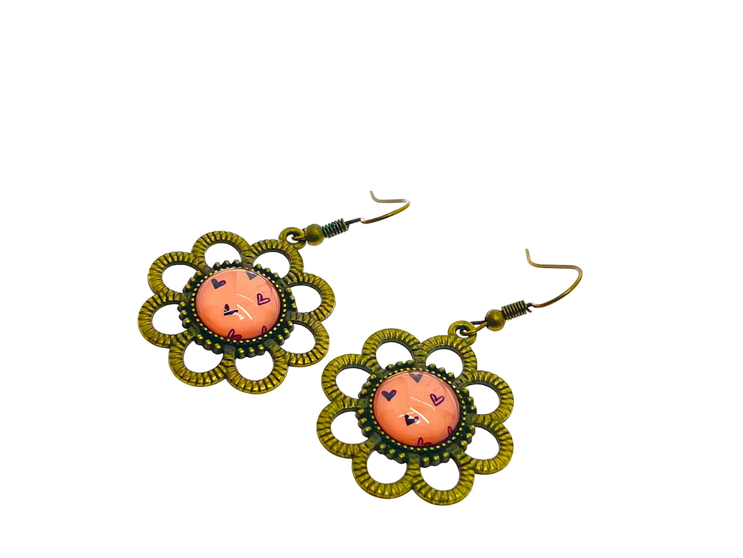 Pink& Bronze Daisy Dangles|Bronze Flower with Pink Cabochon Center Earrings|Gifts for her Mom Sister Grandma Wife Aunt| BohoLoveObsession