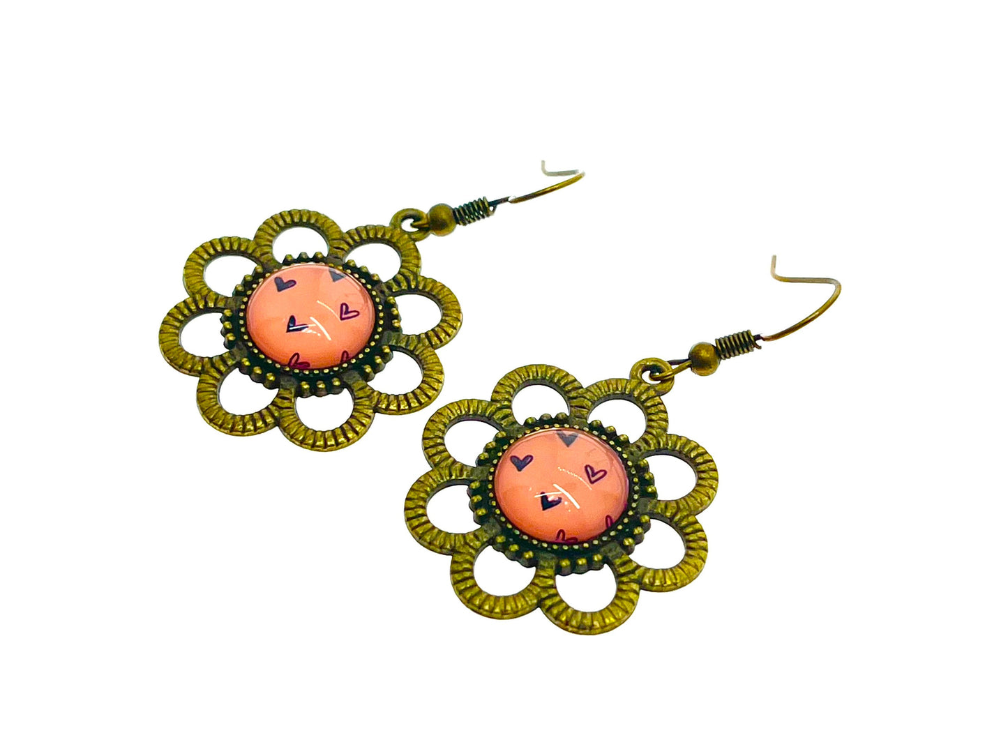 Pink& Bronze Daisy Dangles|Bronze Flower with Pink Cabochon Center Earrings|Gifts for her Mom Sister Grandma Wife Aunt| BohoLoveObsession