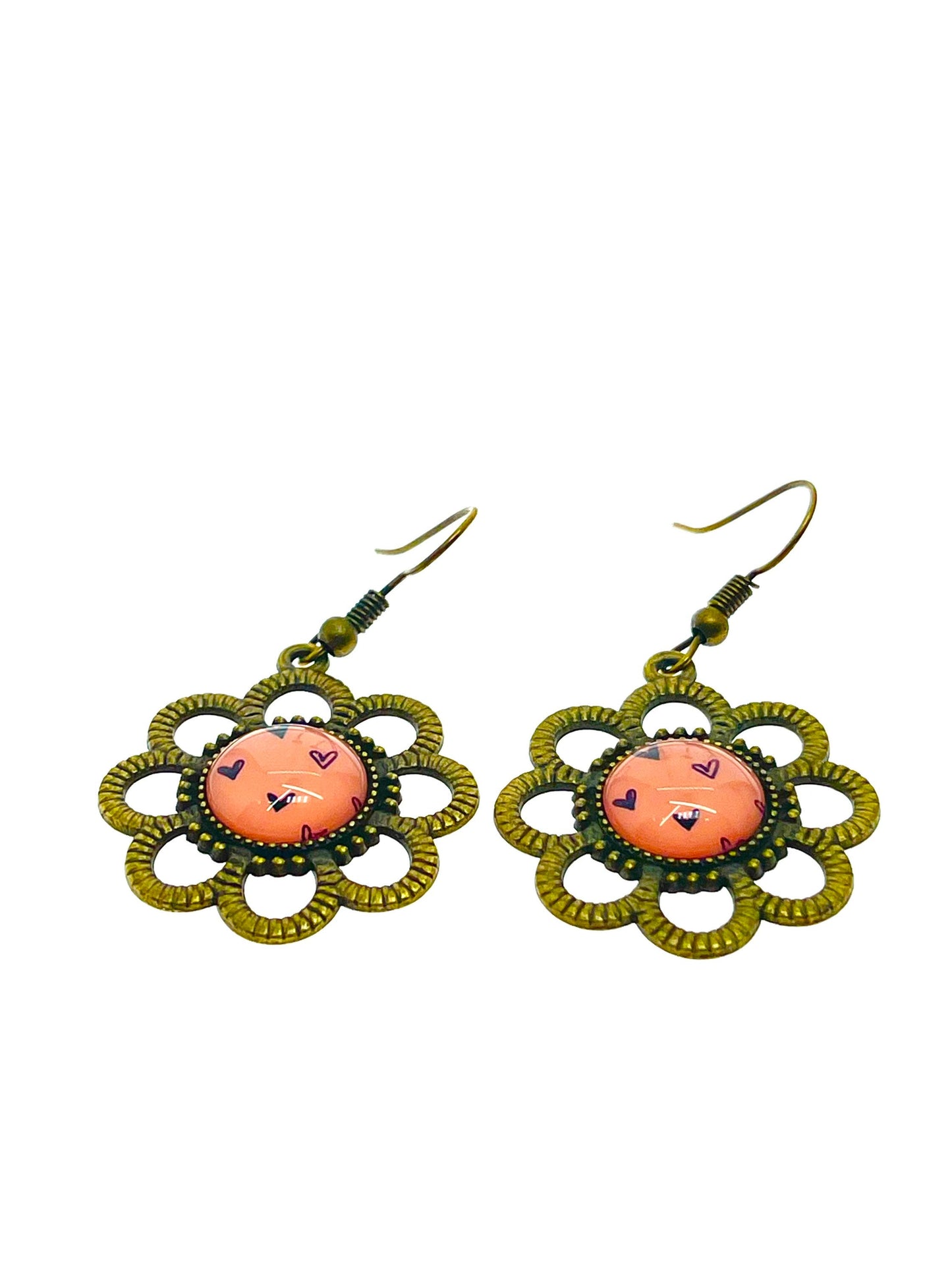 Pink& Bronze Daisy Dangles|Bronze Flower with Pink Cabochon Center Earrings|Gifts for her Mom Sister Grandma Wife Aunt| BohoLoveObsession