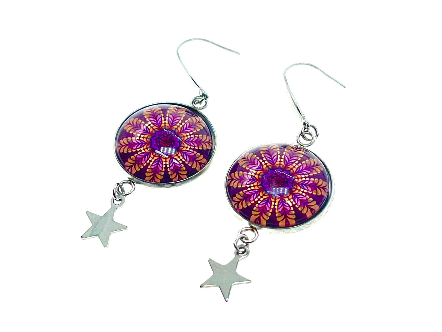 Magenta Daisy Star Child Dangles|Deep Pink Flower & Star Cabochon Earrings|Gifts for her Mom Sister Aunt Daughter Wife| BohoLoveObsession