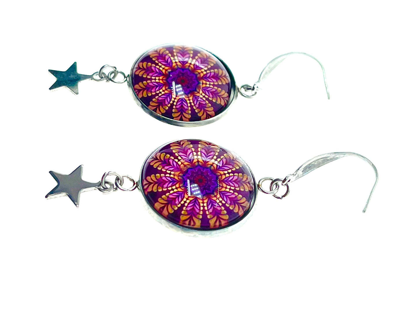 Magenta Daisy Star Child Dangles|Deep Pink Flower & Star Cabochon Earrings|Gifts for her Mom Sister Aunt Daughter Wife| BohoLoveObsession