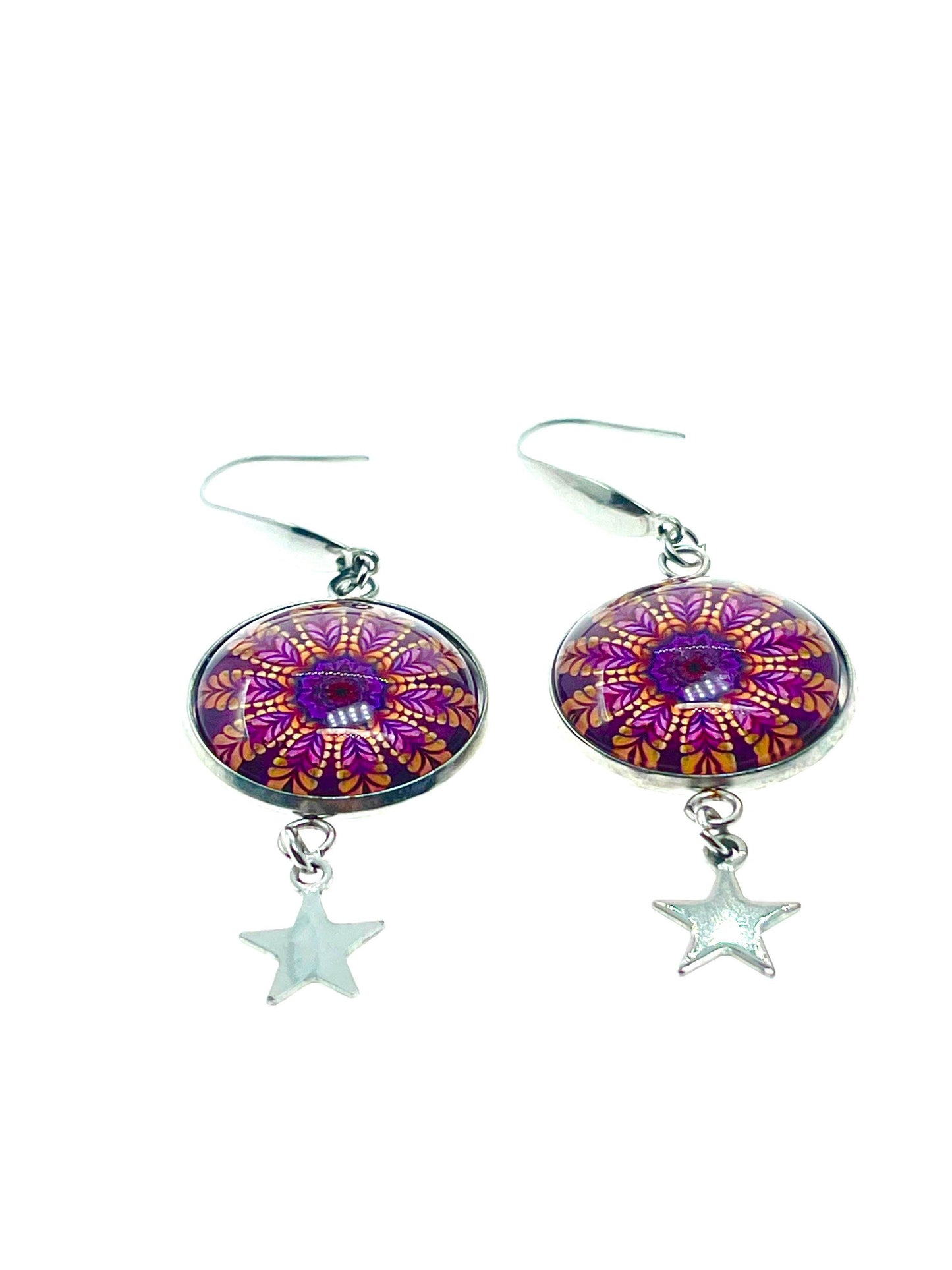 Magenta Daisy Star Child Dangles|Deep Pink Flower & Star Cabochon Earrings|Gifts for her Mom Sister Aunt Daughter Wife| BohoLoveObsession
