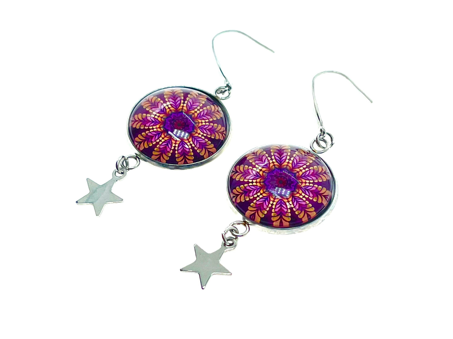 Magenta Daisy Star Child Dangles|Deep Pink Flower & Star Cabochon Earrings|Gifts for her Mom Sister Aunt Daughter Wife| BohoLoveObsession