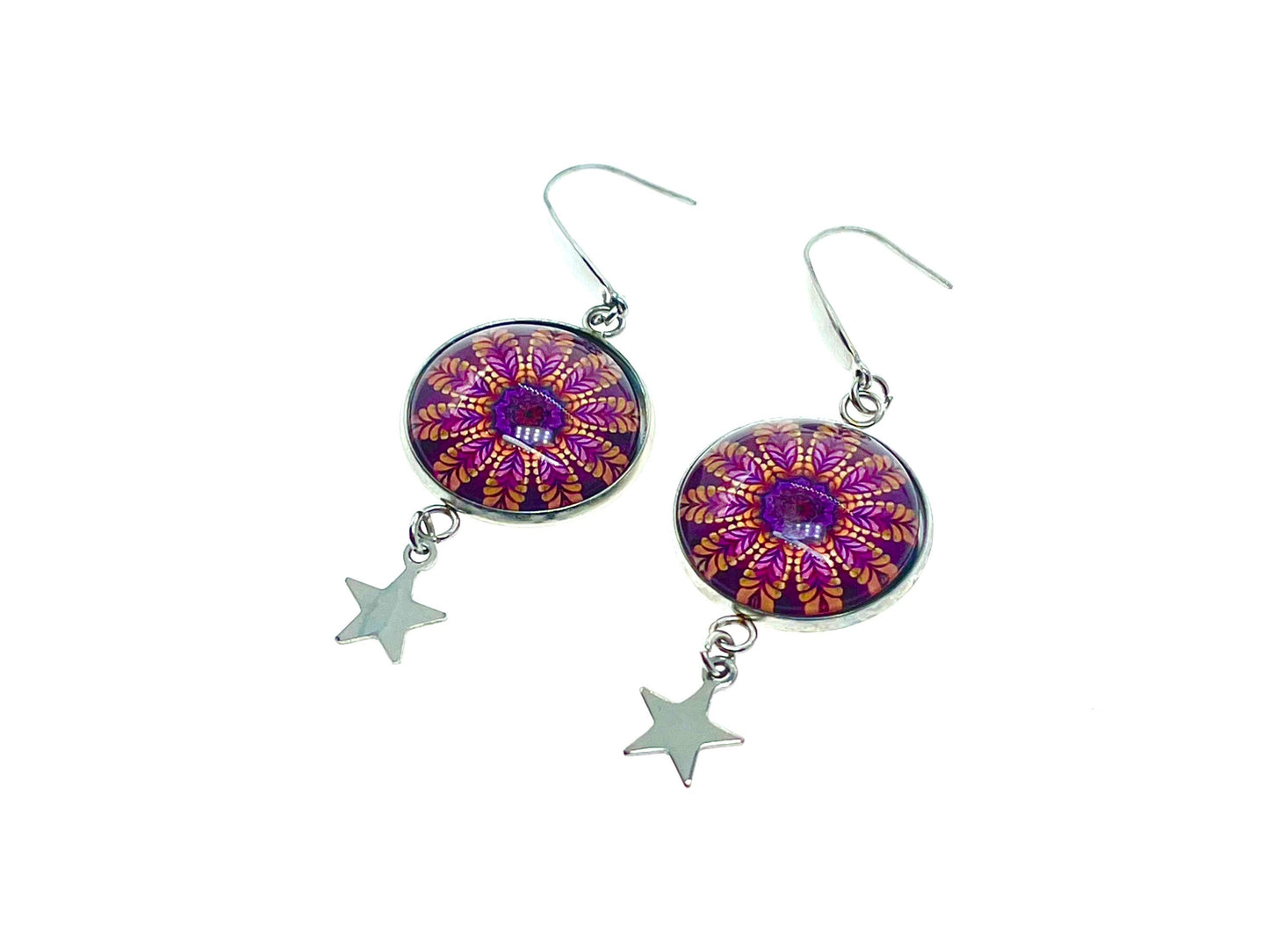 Magenta Daisy Star Child Dangles|Deep Pink Flower & Star Cabochon Earrings|Gifts for her Mom Sister Aunt Daughter Wife| BohoLoveObsession