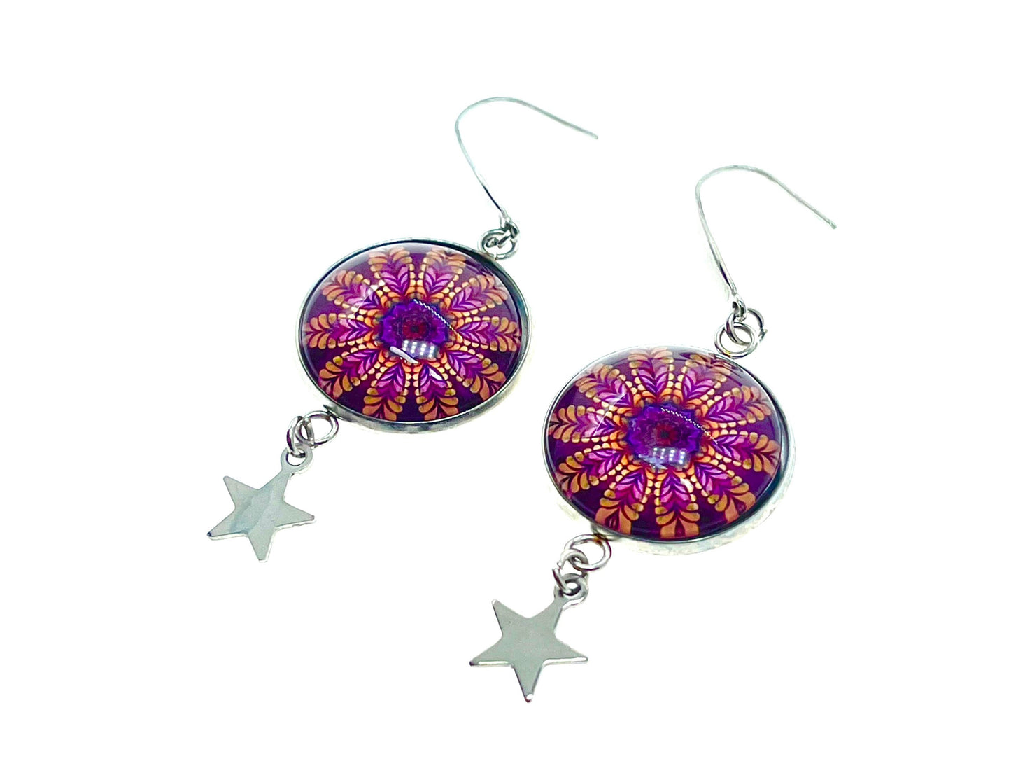 Magenta Daisy Star Child Dangles|Deep Pink Flower & Star Cabochon Earrings|Gifts for her Mom Sister Aunt Daughter Wife| BohoLoveObsession