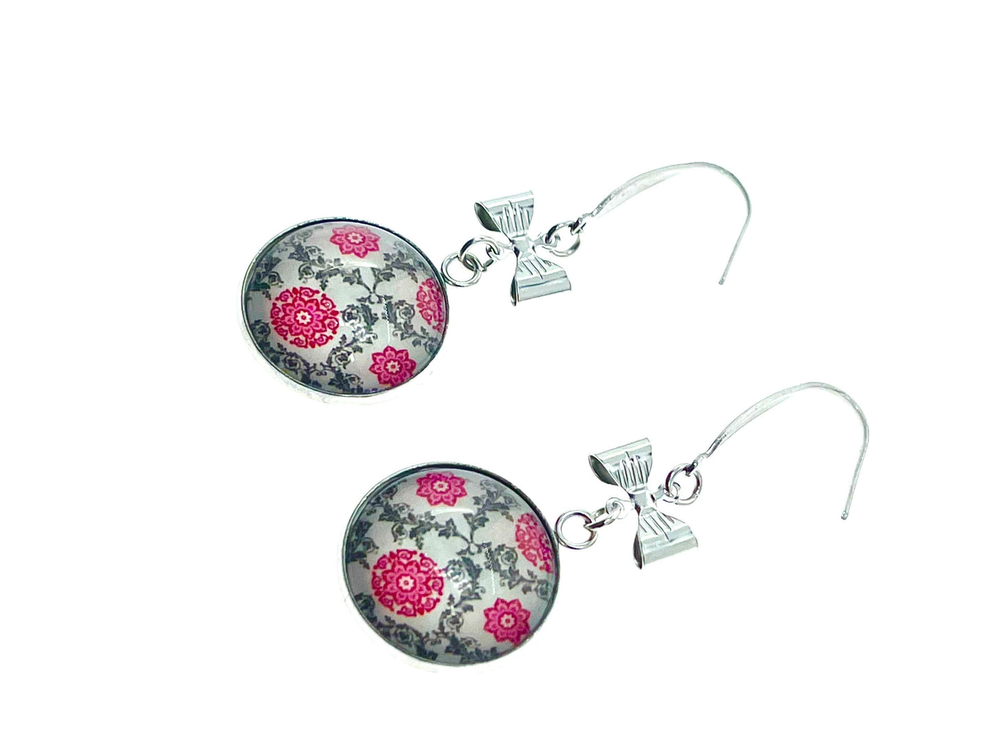 Bows & Lace Dangles|Pink Lacey Floral Cabochon Earrings|Gifts for her Mom Sister Aunt Daughter Girlfriend Grandma Wife| BohoLoveObsession