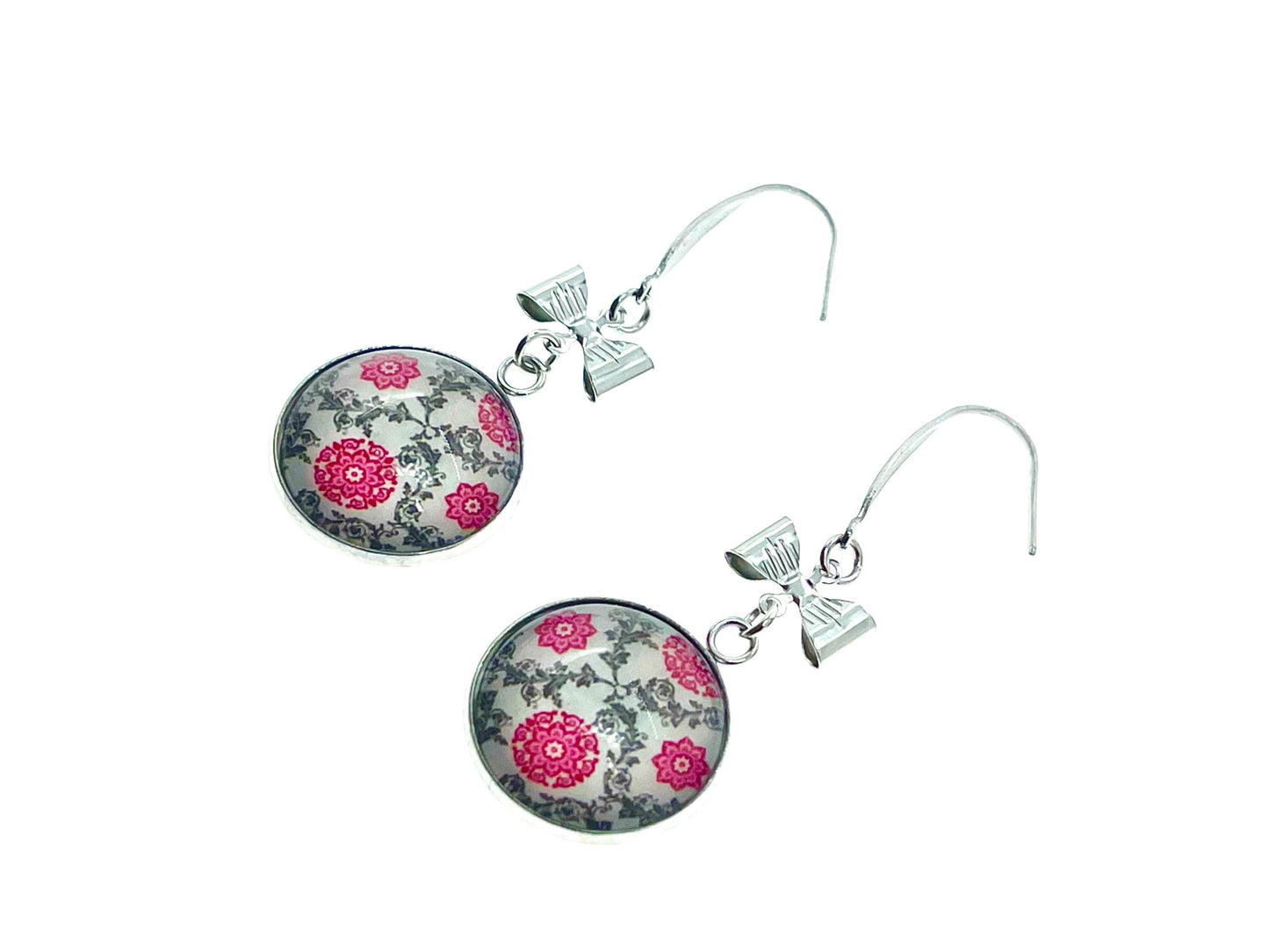 Bows & Lace Dangles|Pink Lacey Floral Cabochon Earrings|Gifts for her Mom Sister Aunt Daughter Girlfriend Grandma Wife| BohoLoveObsession