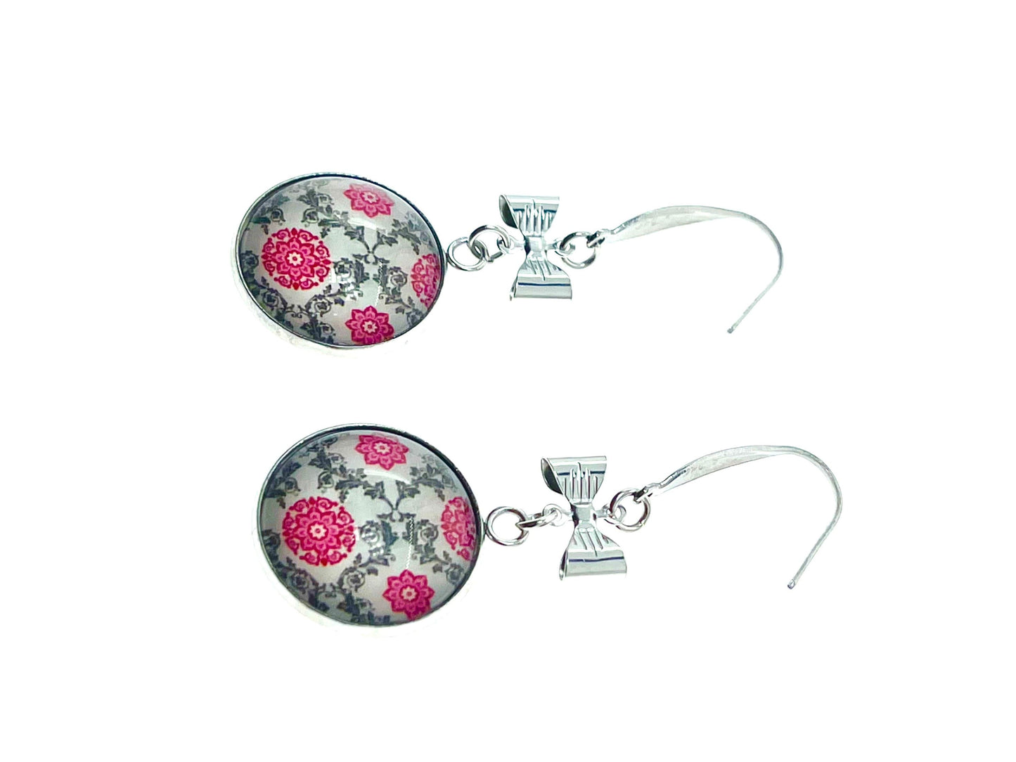 Bows & Lace Dangles|Pink Lacey Floral Cabochon Earrings|Gifts for her Mom Sister Aunt Daughter Girlfriend Grandma Wife| BohoLoveObsession