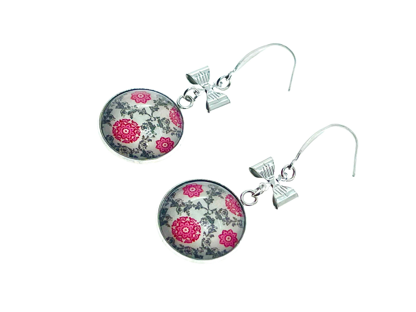 Bows & Lace Dangles|Pink Lacey Floral Cabochon Earrings|Gifts for her Mom Sister Aunt Daughter Girlfriend Grandma Wife| BohoLoveObsession
