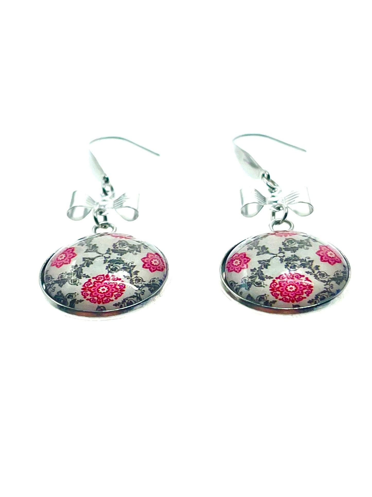 Bows & Lace Dangles|Pink Lacey Floral Cabochon Earrings|Gifts for her Mom Sister Aunt Daughter Girlfriend Grandma Wife| BohoLoveObsession