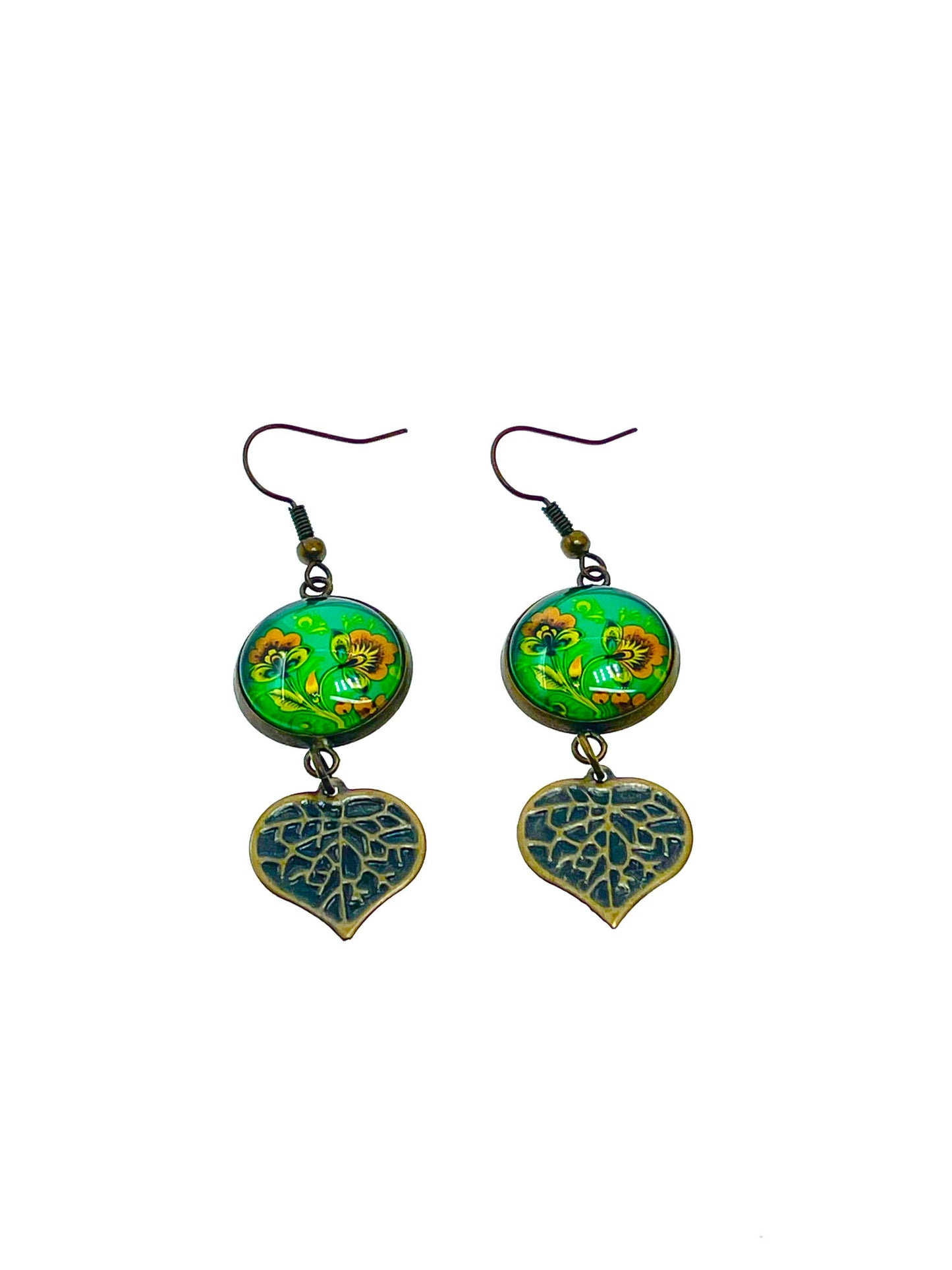 Loving Leaf Dangles|Green Flower & Heart-Shaped Leaf Cabochon Earrings|Gifts for her Mom Sister Girlfriend Wife Aunt| BohoLoveObsession