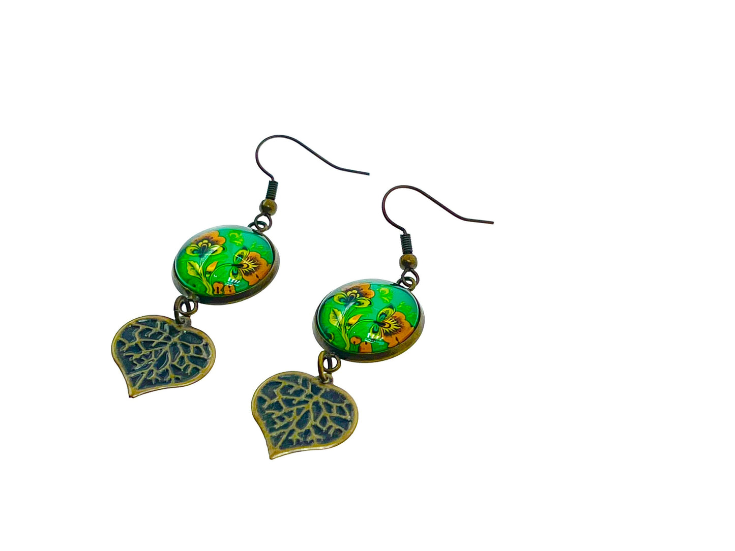 Loving Leaf Dangles|Green Flower & Heart-Shaped Leaf Cabochon Earrings|Gifts for her Mom Sister Girlfriend Wife Aunt| BohoLoveObsession