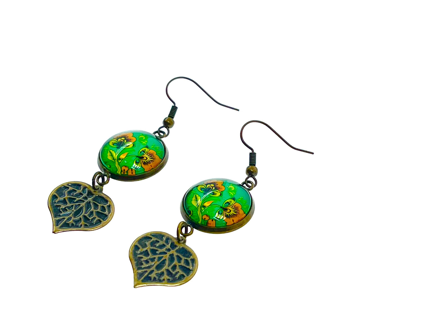Loving Leaf Dangles|Green Flower & Heart-Shaped Leaf Cabochon Earrings|Gifts for her Mom Sister Girlfriend Wife Aunt| BohoLoveObsession