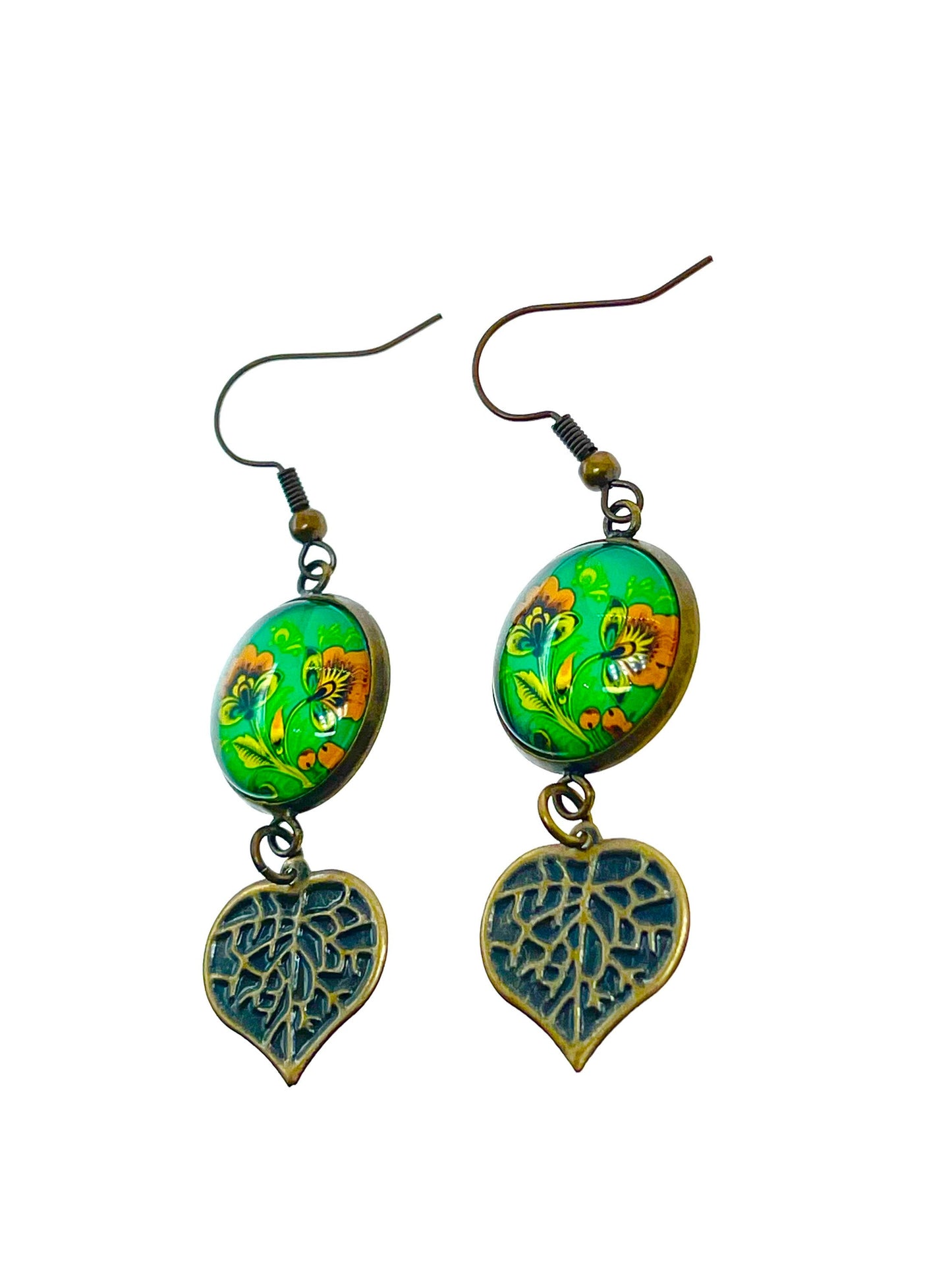 Loving Leaf Dangles|Green Flower & Heart-Shaped Leaf Cabochon Earrings|Gifts for her Mom Sister Girlfriend Wife Aunt| BohoLoveObsession