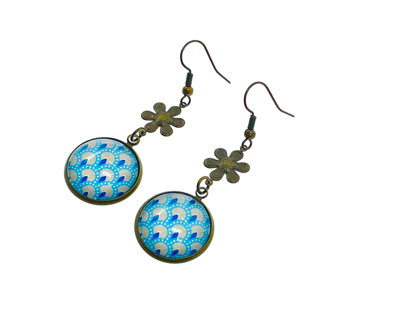 Little Blue Flower Dangles|Tiny Flower & Blue Cabochon Earrings|Gifts for her Mom Sister Grandma Cousin Wife Aunt| BohoLoveObsession