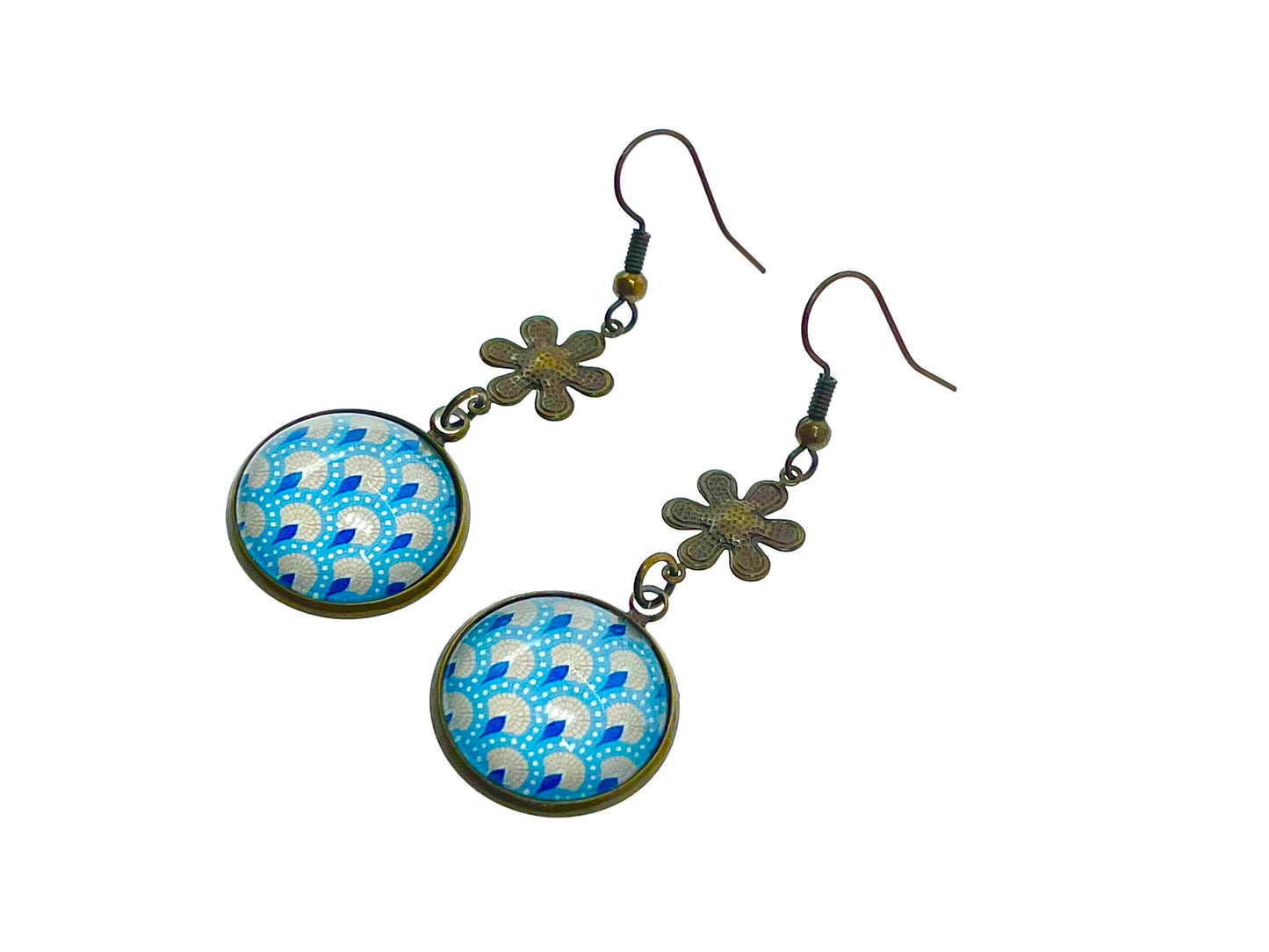 Little Blue Flower Dangles|Tiny Flower & Blue Cabochon Earrings|Gifts for her Mom Sister Grandma Cousin Wife Aunt| BohoLoveObsession