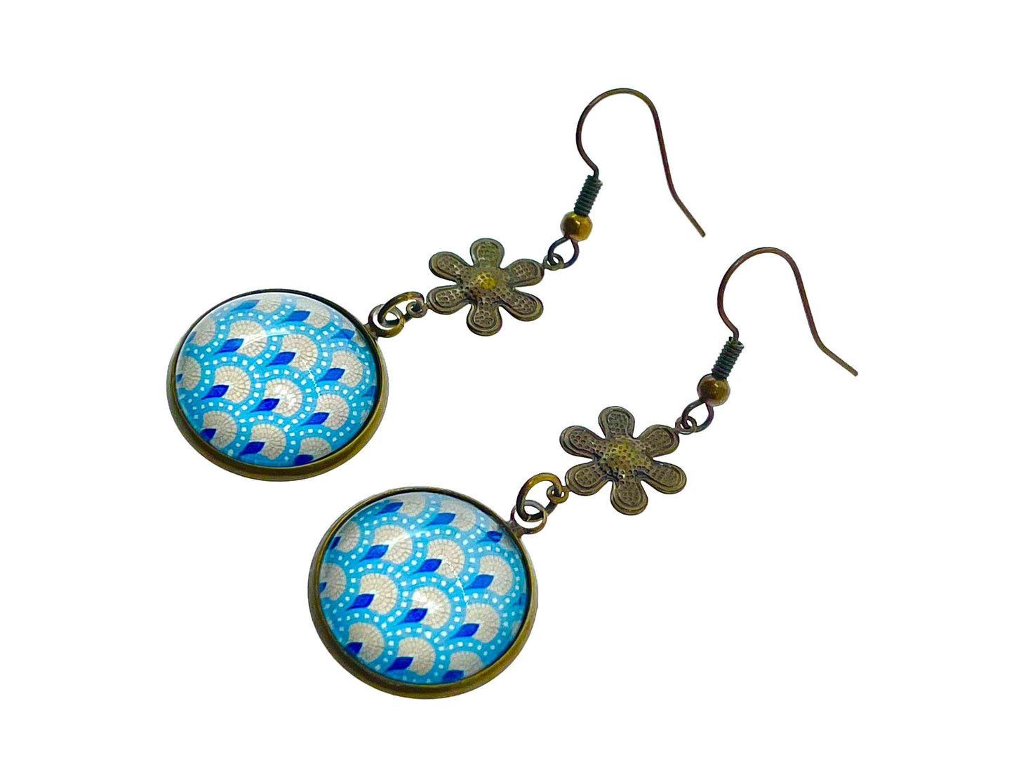 Little Blue Flower Dangles|Tiny Flower & Blue Cabochon Earrings|Gifts for her Mom Sister Grandma Cousin Wife Aunt| BohoLoveObsession