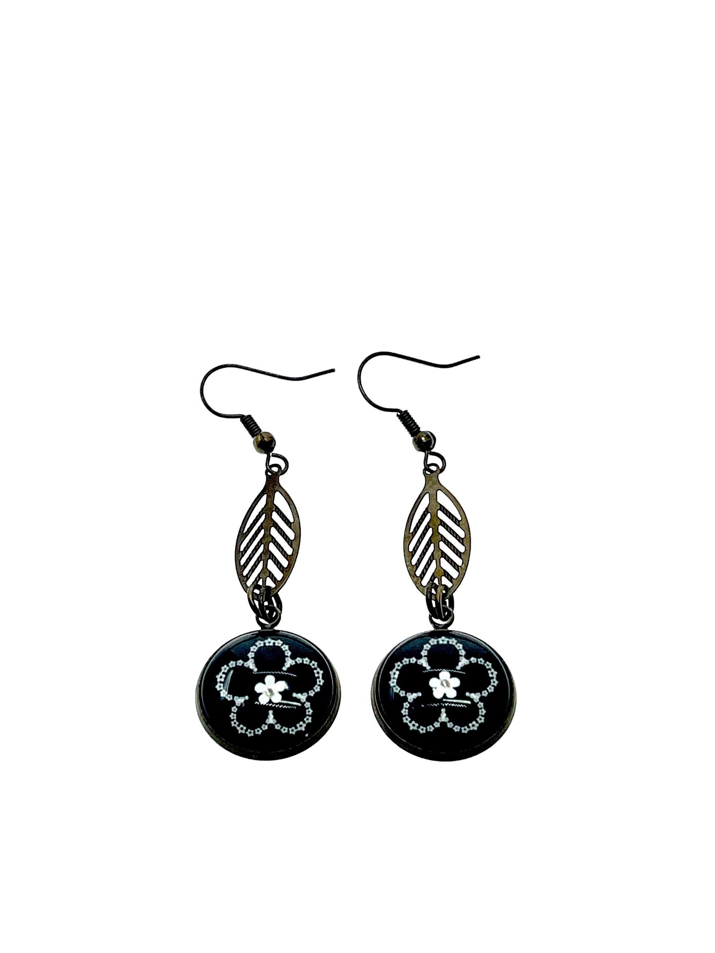Dark Daisy Leaf Dangles|Black& White Flower Dangle Drop Cabochon Earrings|Gifts for her Mom Sister Wife Aunt Girlfriend| BohoLoveObsession