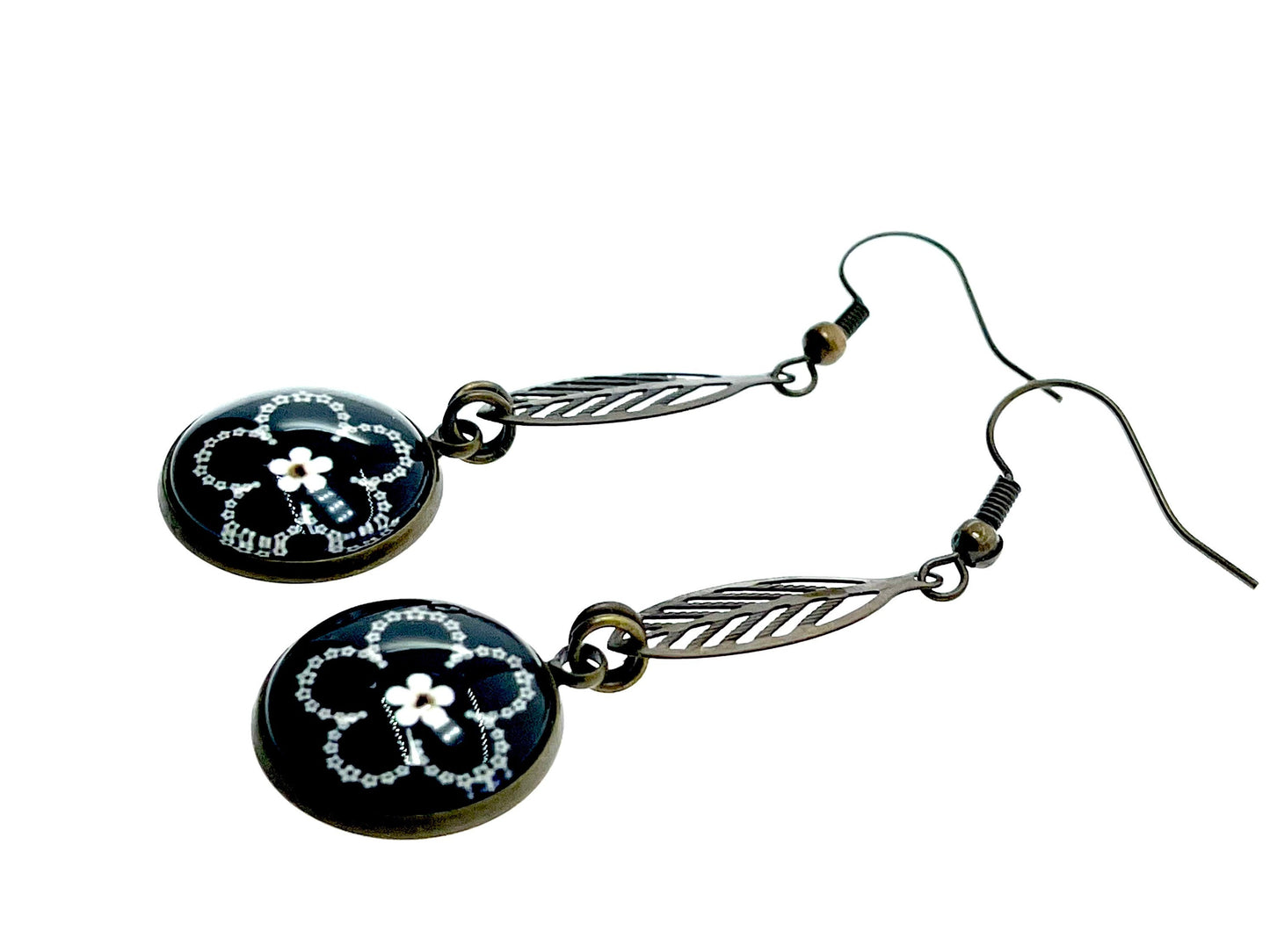 Dark Daisy Leaf Dangles|Black& White Flower Dangle Drop Cabochon Earrings|Gifts for her Mom Sister Wife Aunt Girlfriend| BohoLoveObsession