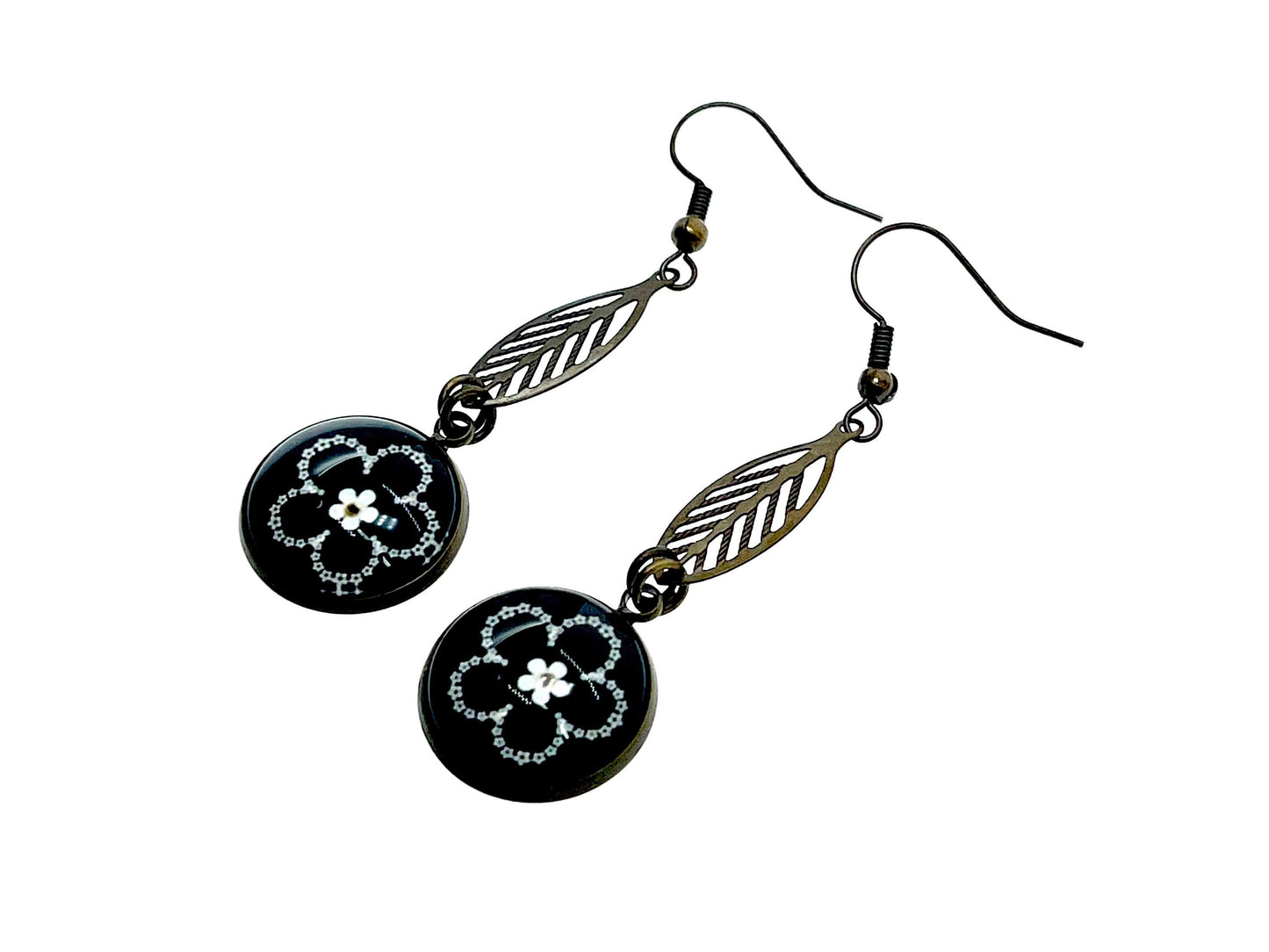 Dark Daisy Leaf Dangles|Black& White Flower Dangle Drop Cabochon Earrings|Gifts for her Mom Sister Wife Aunt Girlfriend| BohoLoveObsession
