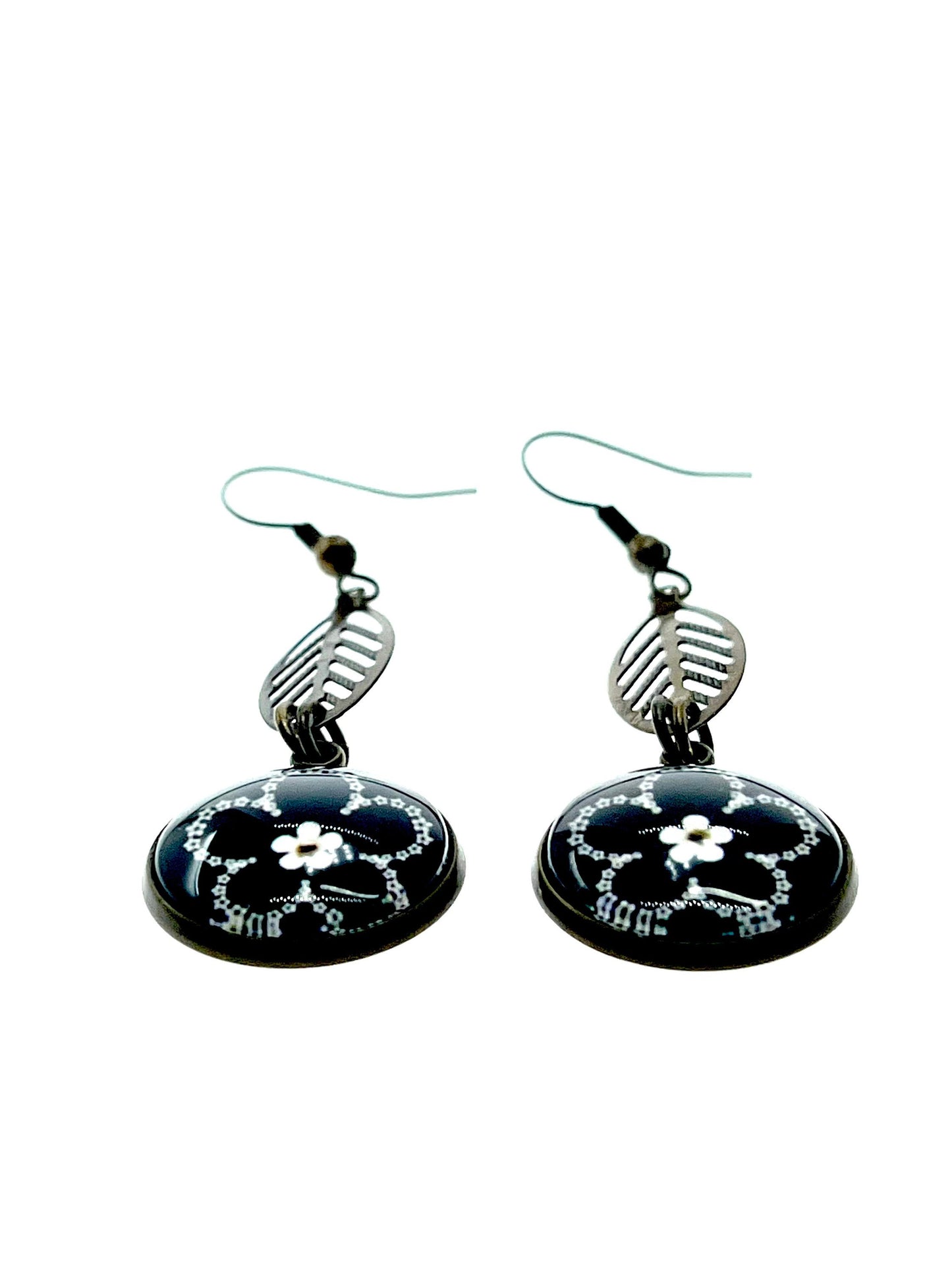 Dark Daisy Leaf Dangles|Black& White Flower Dangle Drop Cabochon Earrings|Gifts for her Mom Sister Wife Aunt Girlfriend| BohoLoveObsession