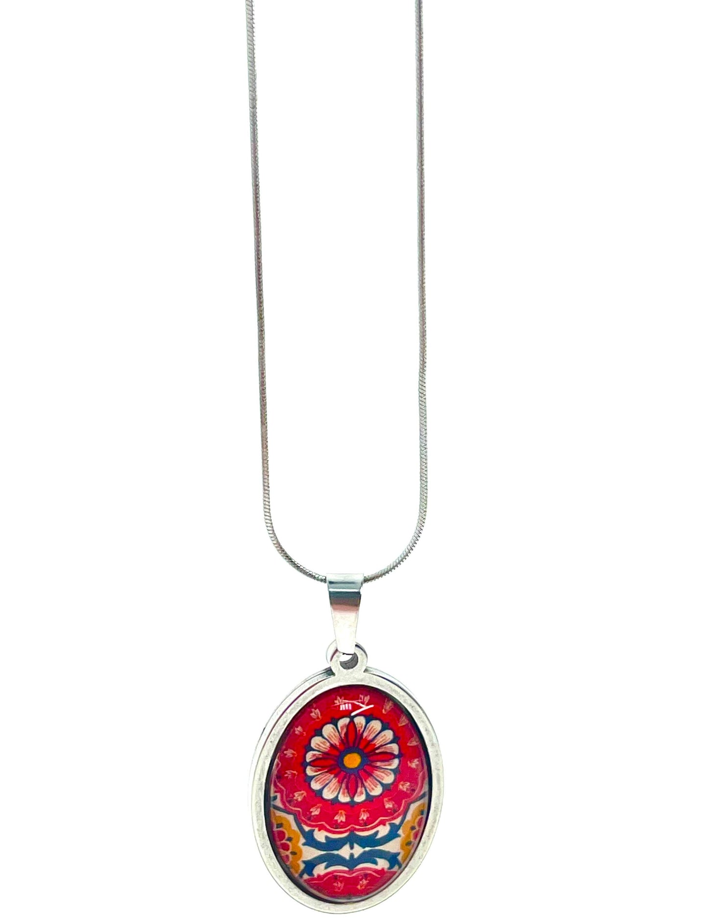 Red Wildflower Oval Necklace, Boho Vintage Pendant, Unique Bohemian Necklace, Gift for her, Hippie Retro Chain, BohoLoveObsession
