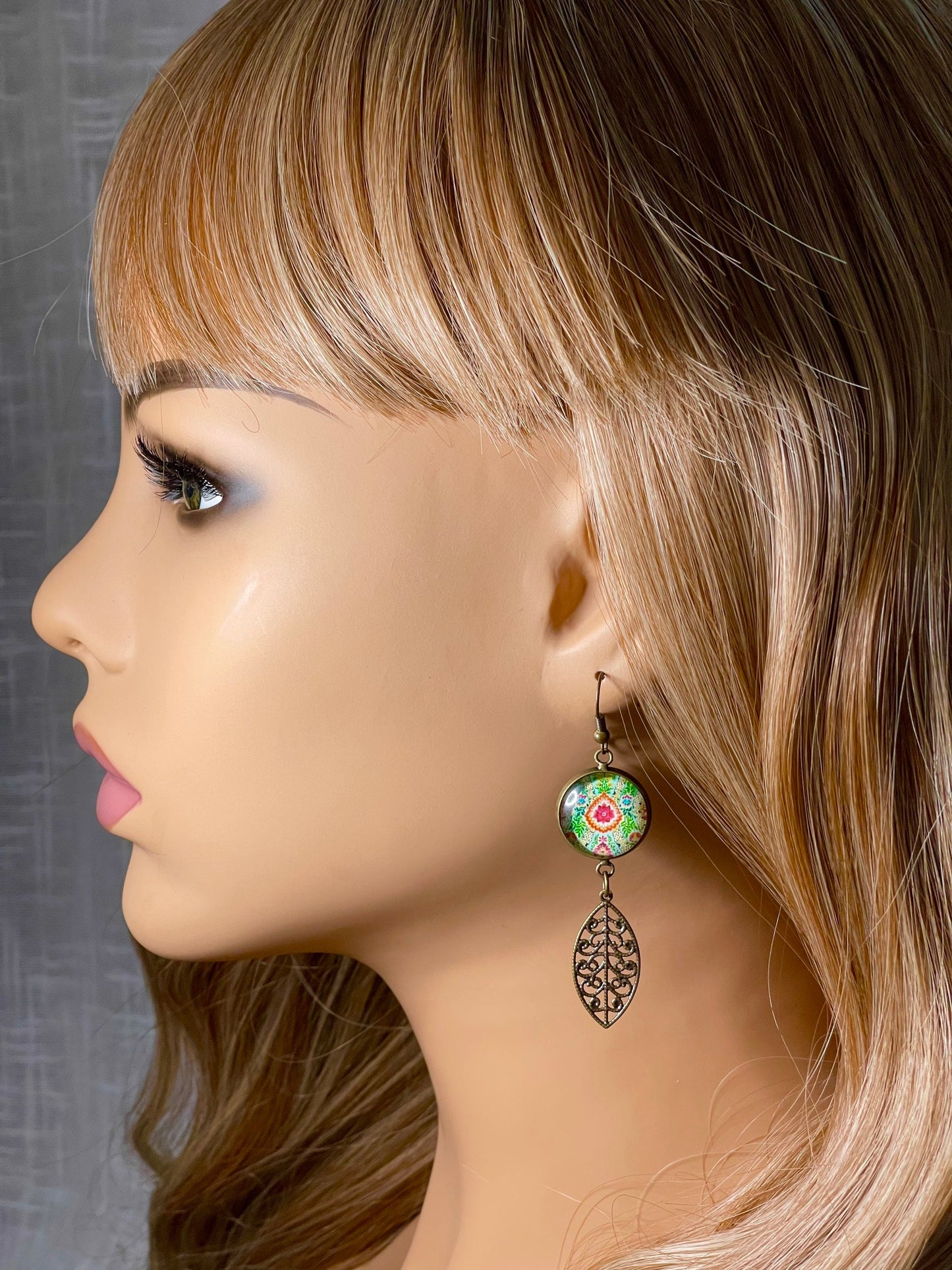 Pistachio Mandala Dangles, Unique Antique Bohemian Jewelry, Vintage Charm Ear Wire, Boho Hippie Drop Dangle Accessory, BohoLoveObsession