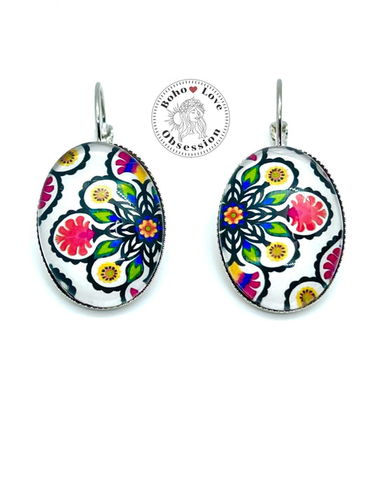 Multicolor Bandana Oval Lever-back Earrings| Cabochon Earrings|Gifts for her Mom Sister Wife Girlfriend Friend Daughter|BohoLoveObsession