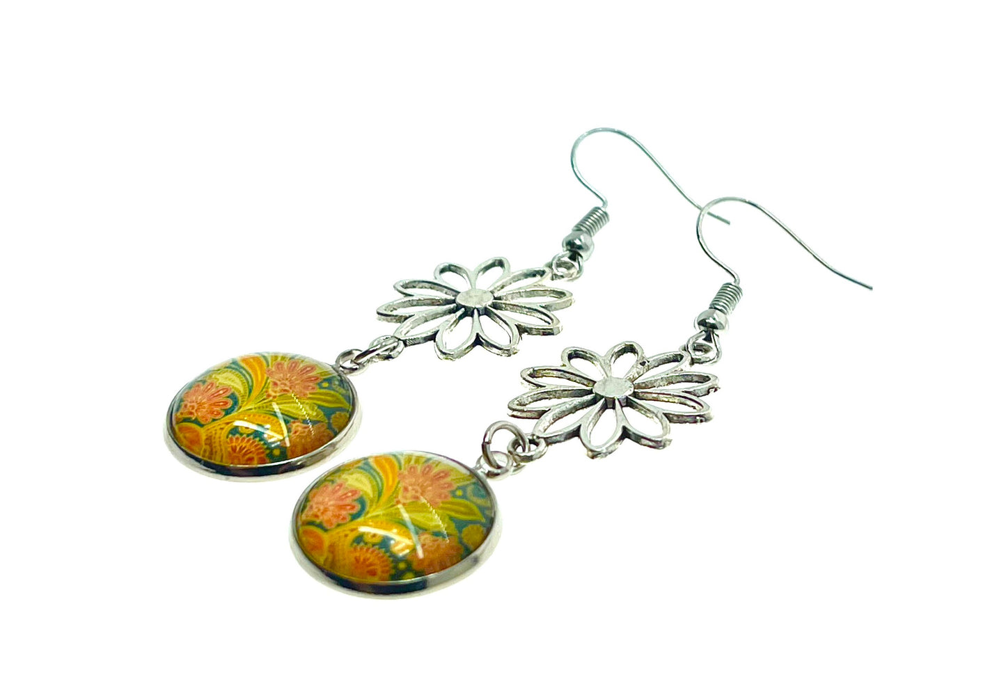 Pretty Paisley Daisy Flower Earrings, Unique Dangle Drop Accessory, Boho Flower Jewelry, Vintage Bohemian Gift, BohoLoveObsession