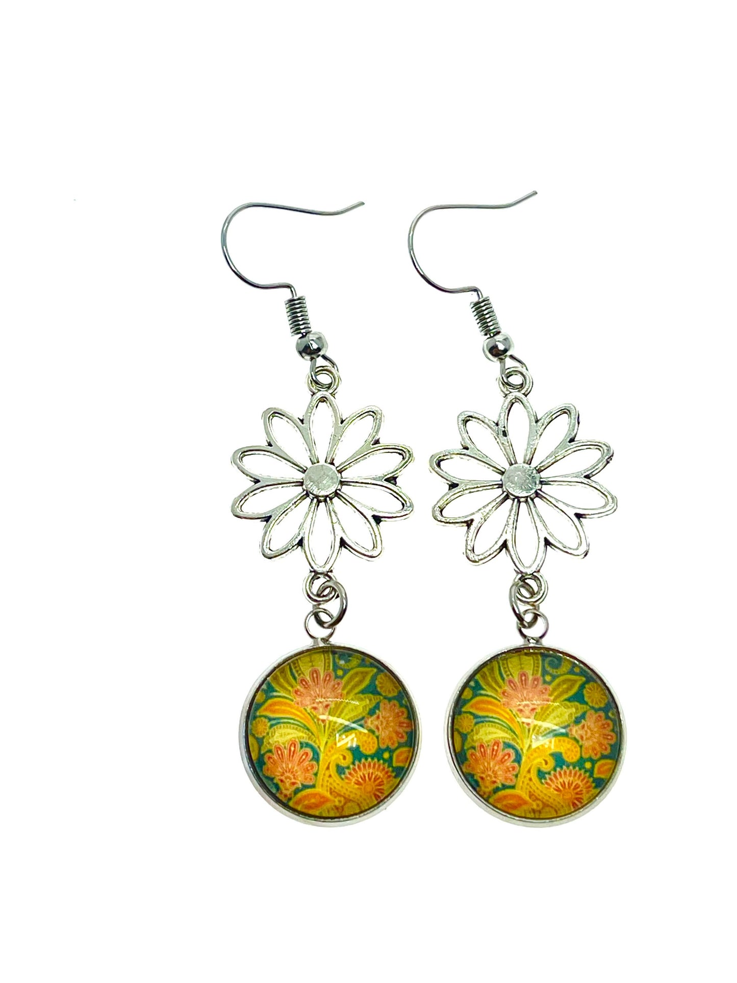 Pretty Paisley Daisy Flower Earrings, Unique Dangle Drop Accessory, Boho Flower Jewelry, Vintage Bohemian Gift, BohoLoveObsession