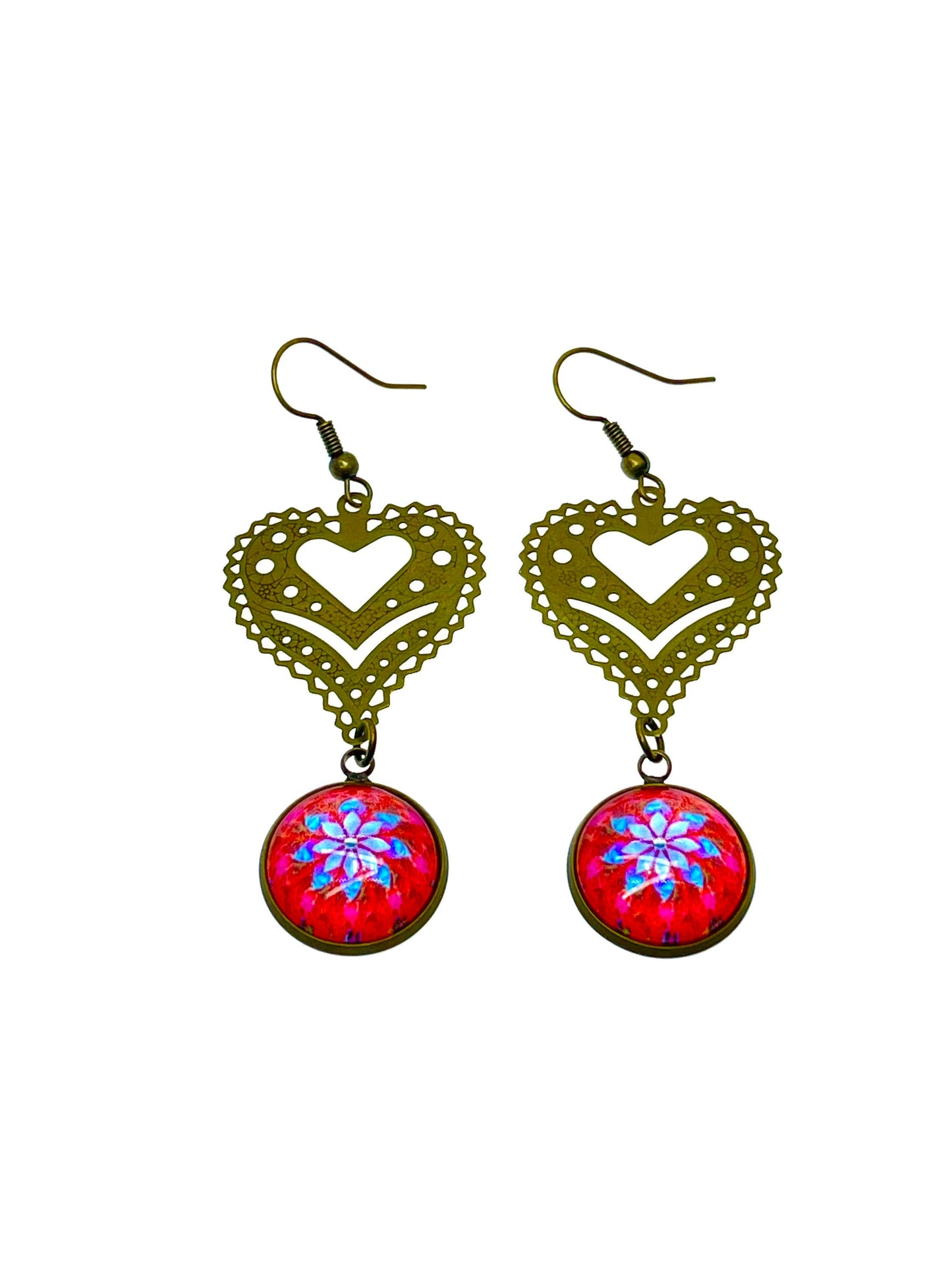 Cherry Red Fancy Heart Dangles, Bronze Bohemian Earrings, Boho Chic, Unique Hippie Jewelry, Vintage Charm Earring, BohoLoveObsession
