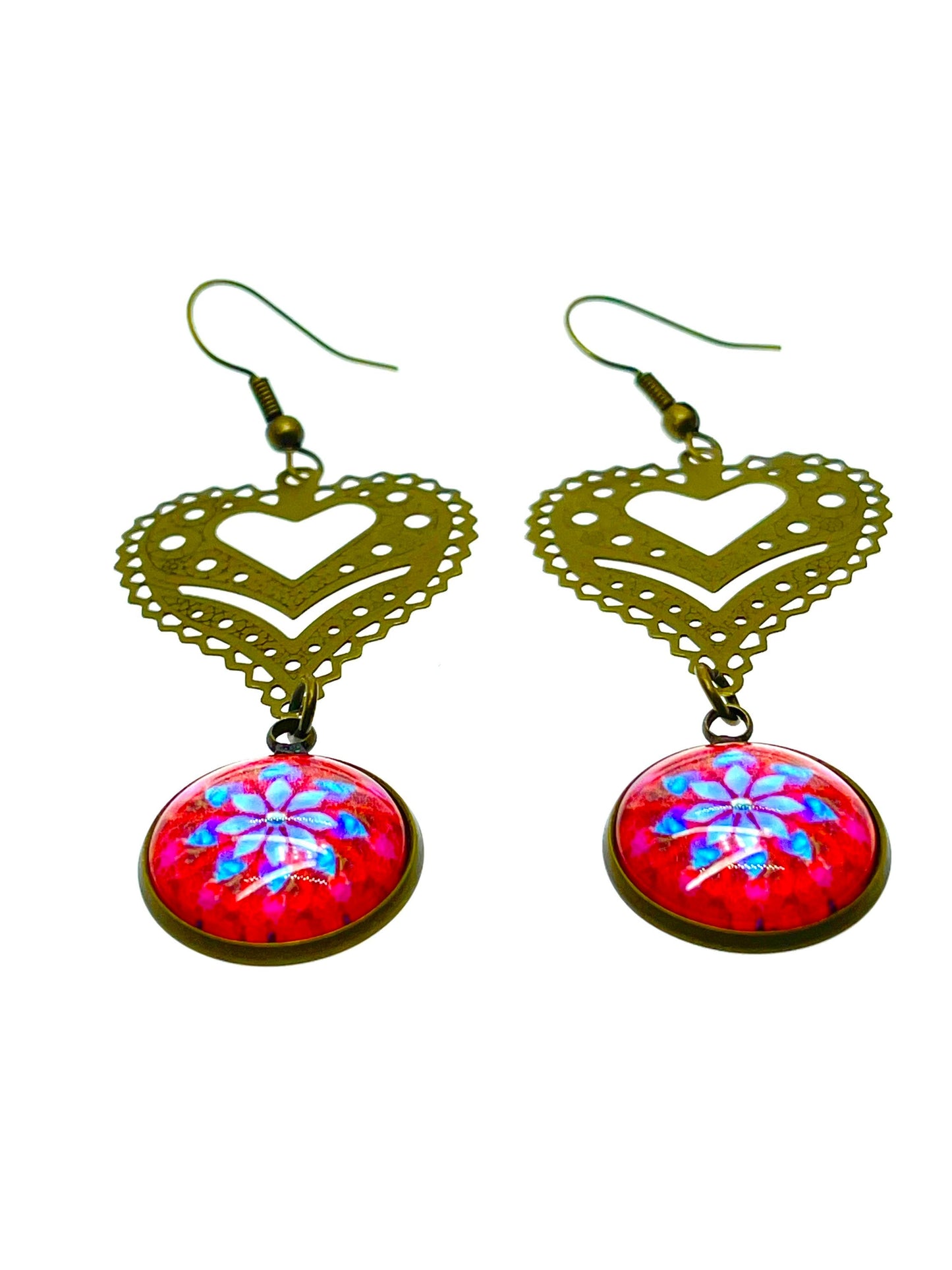 Cherry Red Fancy Heart Dangles, Bronze Bohemian Earrings, Boho Chic, Unique Hippie Jewelry, Vintage Charm Earring, BohoLoveObsession