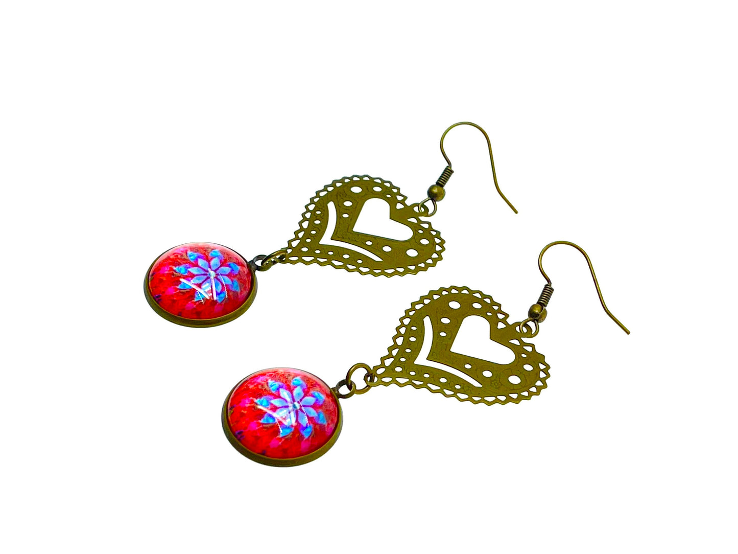 Cherry Red Fancy Heart Dangles, Bronze Bohemian Earrings, Boho Chic, Unique Hippie Jewelry, Vintage Charm Earring, BohoLoveObsession