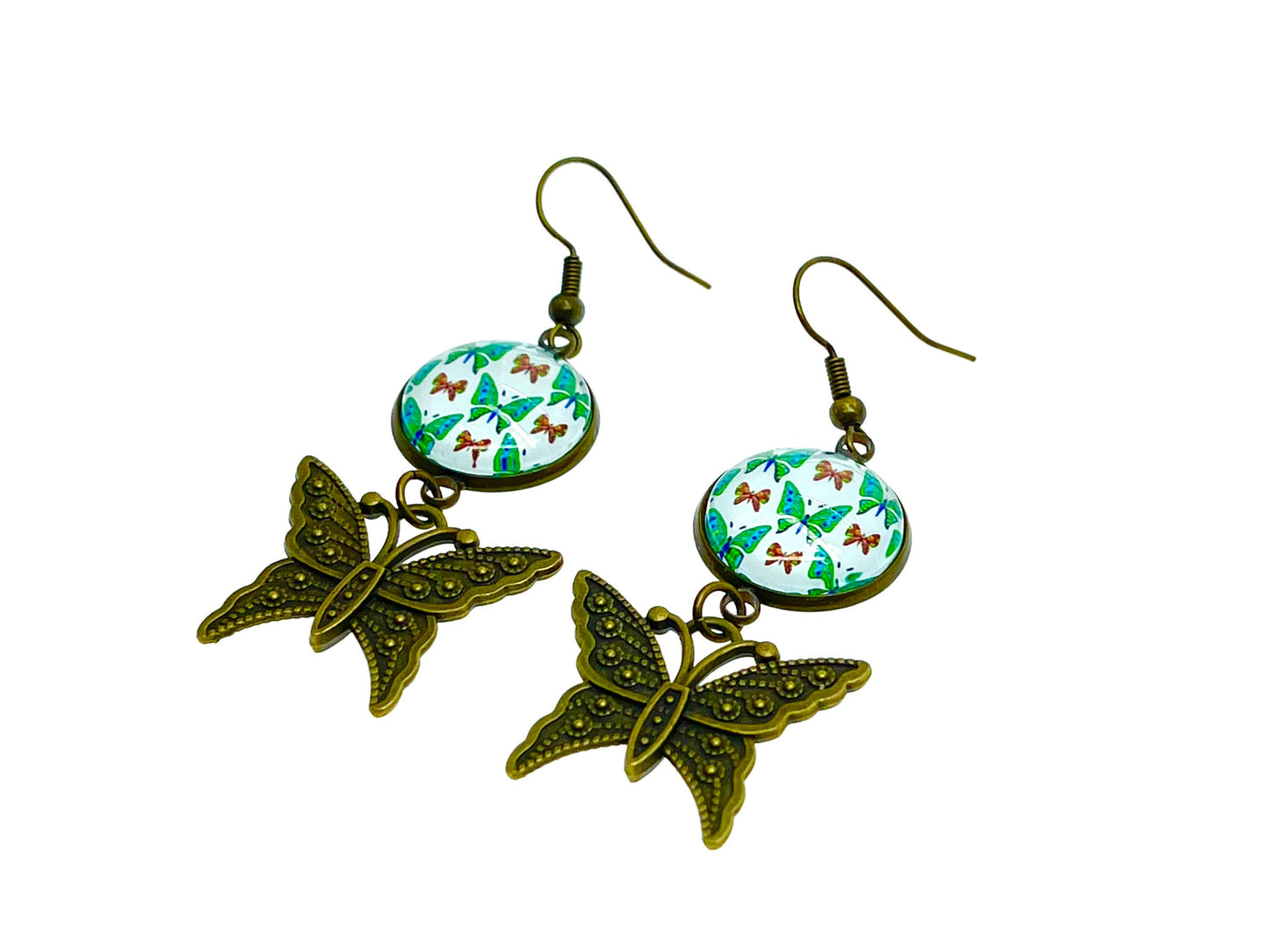 Emerald Butterfly Dangles, Unique Bohemian Jewelry, Vintage Charm Ear Wire, Boho Hippie Drop Dangle Accessory, BohoLoveObsession