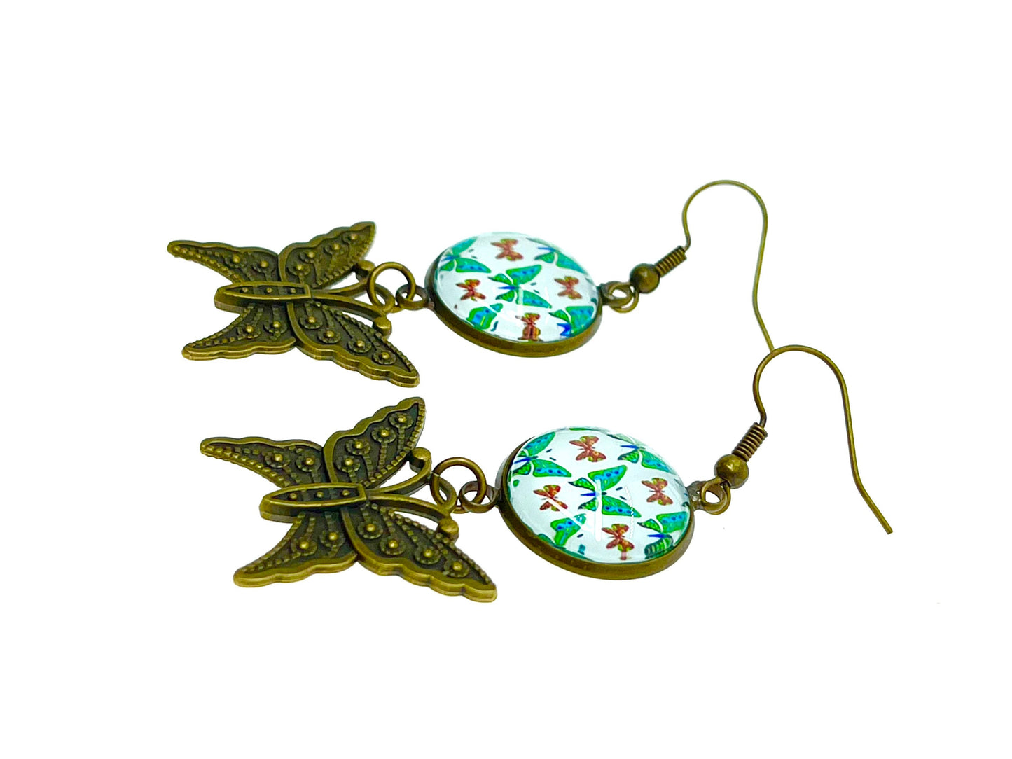 Emerald Butterfly Dangles, Unique Bohemian Jewelry, Vintage Charm Ear Wire, Boho Hippie Drop Dangle Accessory, BohoLoveObsession