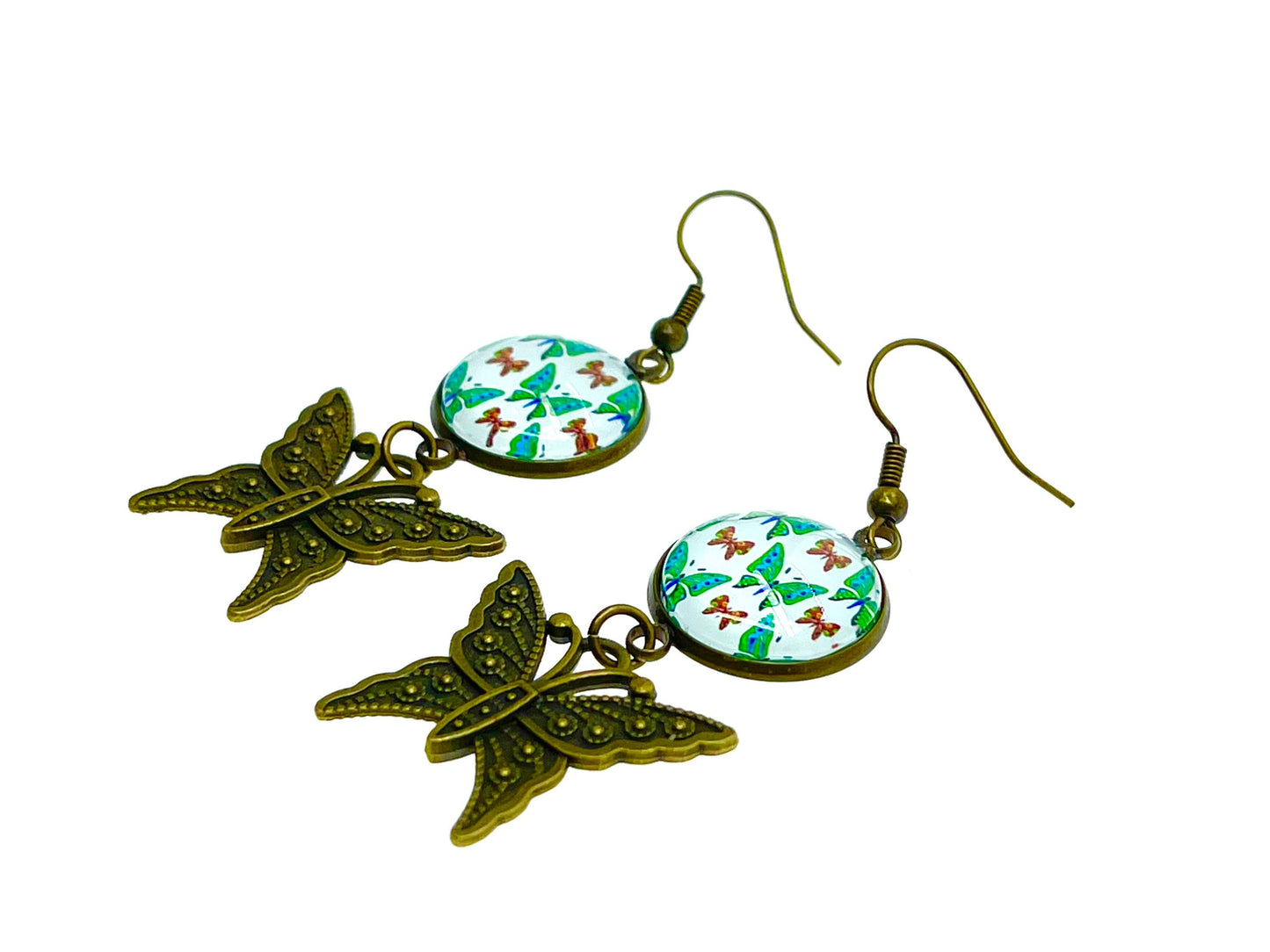 Emerald Butterfly Dangles, Unique Bohemian Jewelry, Vintage Charm Ear Wire, Boho Hippie Drop Dangle Accessory, BohoLoveObsession
