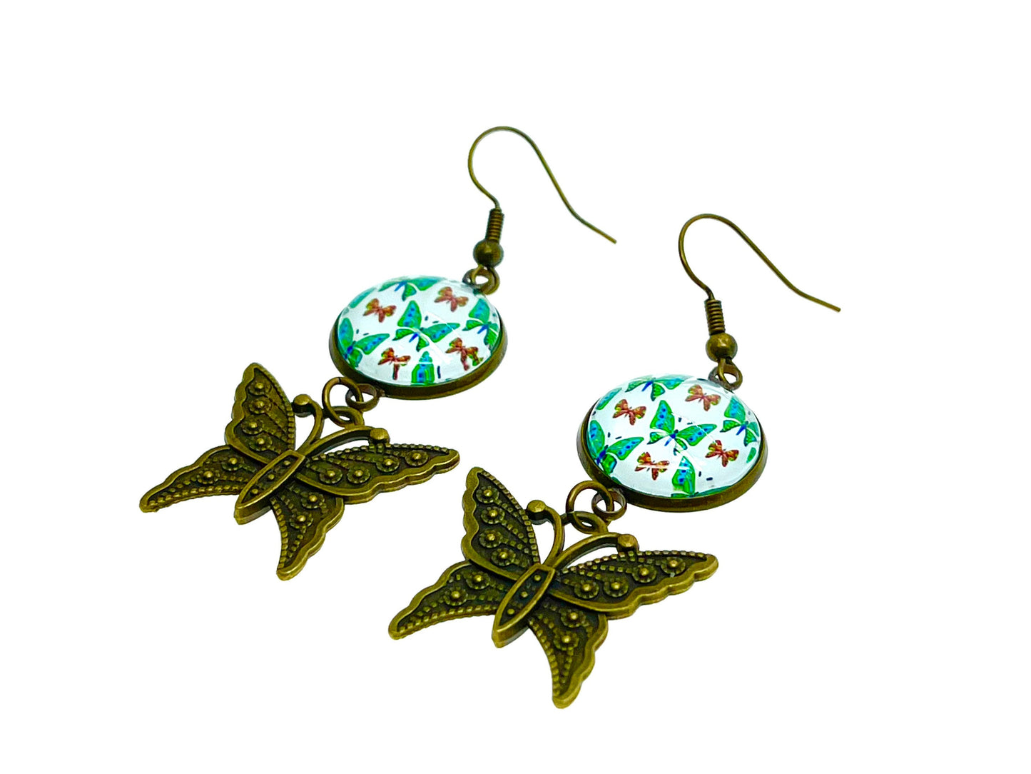 Emerald Butterfly Dangles, Unique Bohemian Jewelry, Vintage Charm Ear Wire, Boho Hippie Drop Dangle Accessory, BohoLoveObsession