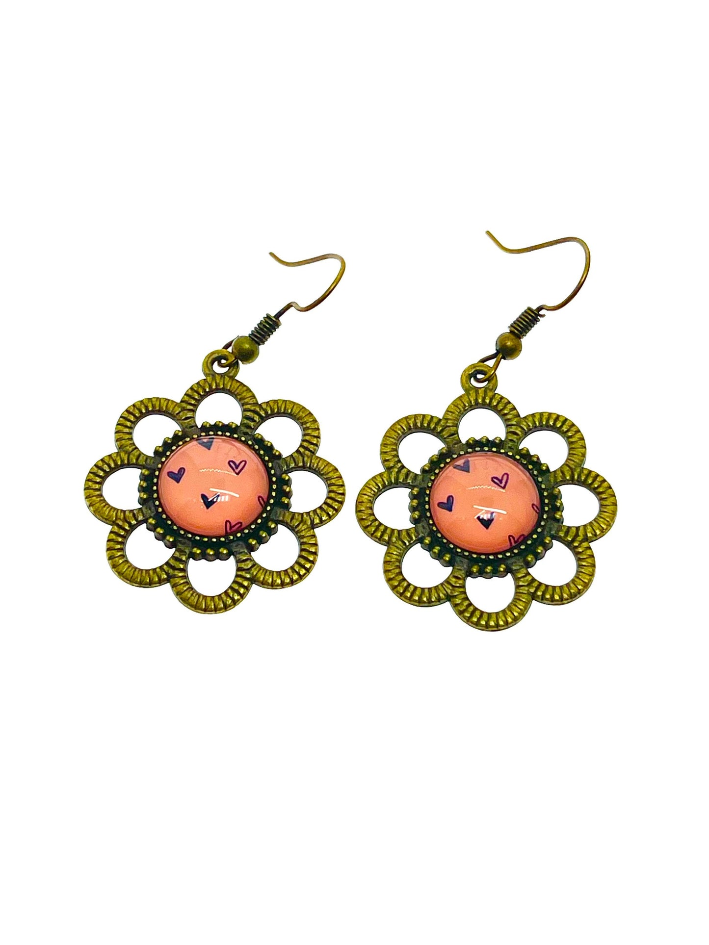 Pink& Bronze Daisy Dangles|Bronze Flower with Pink Cabochon Center Earrings|Gifts for her Mom Sister Grandma Wife Aunt| BohoLoveObsession